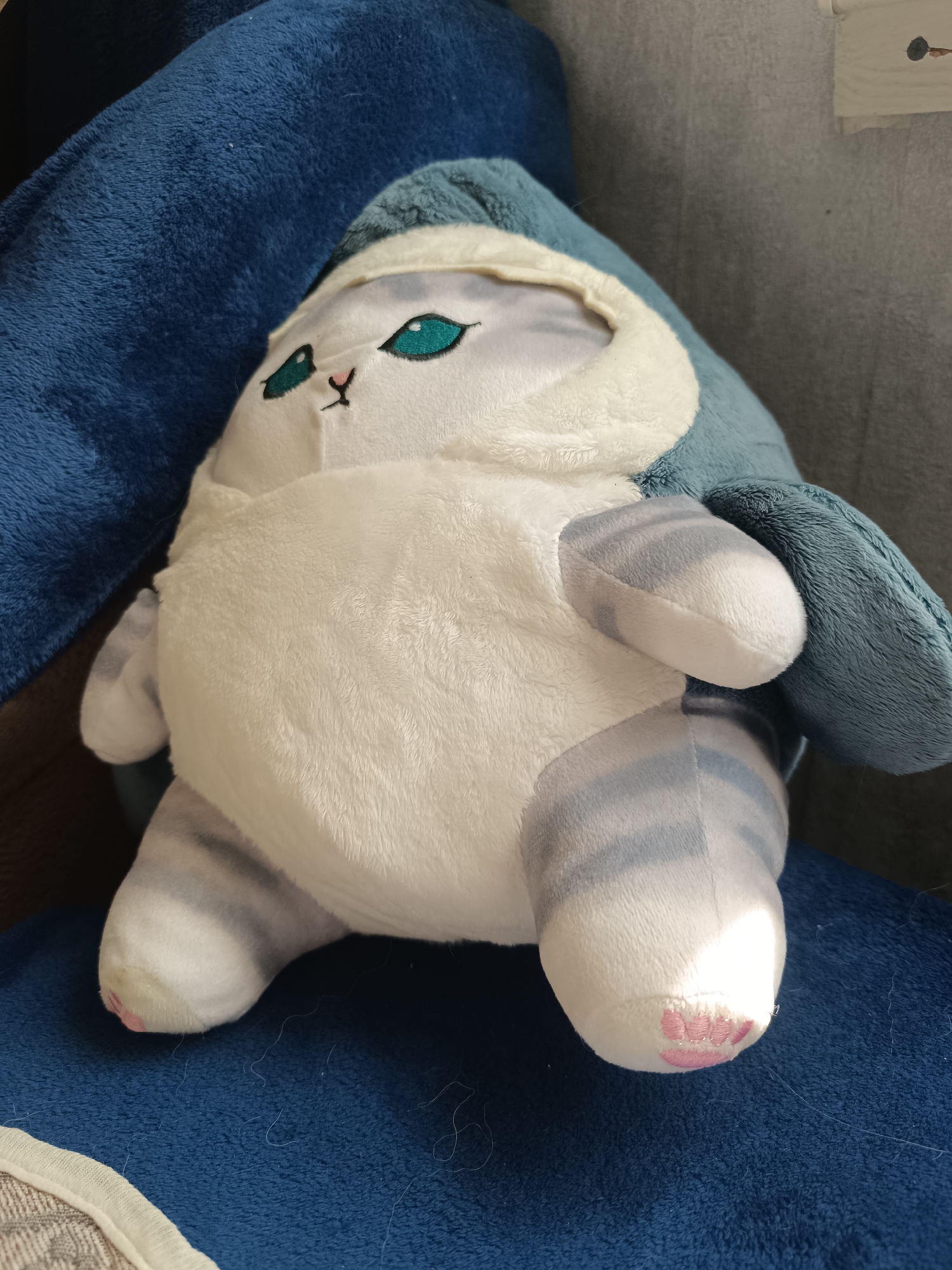 A plush toy, resembling a cat wearing a shark costume, sits on a blue fuzzy surface, possibly a blanket or chair. The toy is predominantly white with grey stripes on its limbs and head. It has large, teal-colored eyes, a small pink nose, and a black stitched mouth. The shark costume appears to be light blue with a white trim around the head opening. The plush toy is positioned at a slight angle, with its front legs and feet visible. The background is out of focus, showing a gray textured surface and a darker blue fuzzy area to the left. The lighting suggests a natural light source from the right, casting a shadow on the toy and highlighting its texture. The location is not specified in the image itself, and therefore, cannot be determined to be in Sochi, Russia.