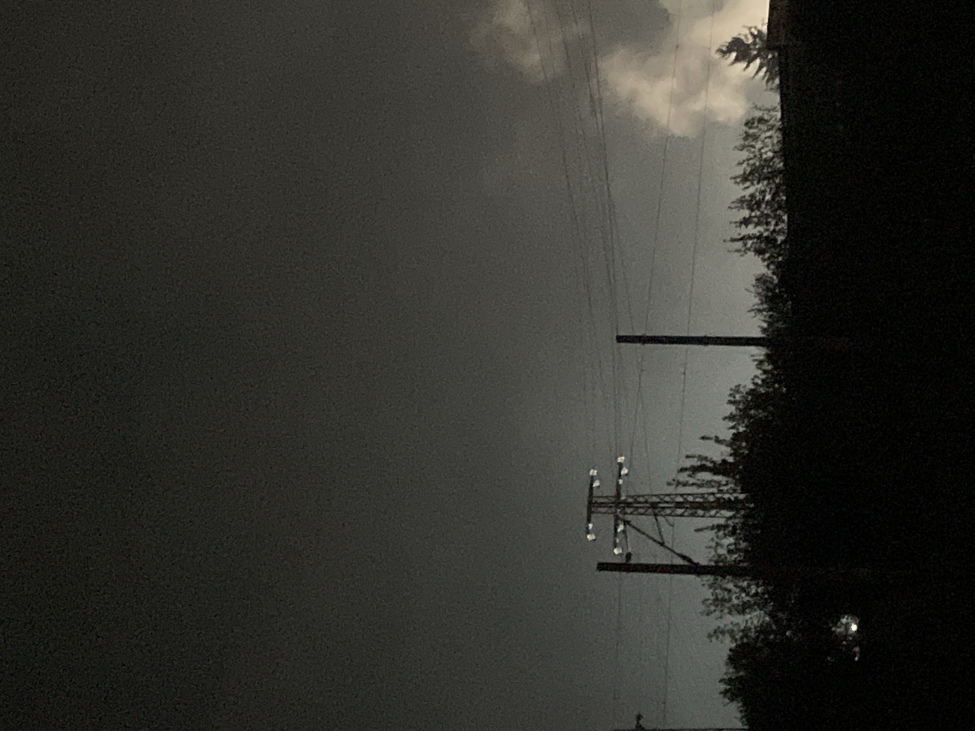 The image depicts an overcast, dark scene in Razgrad, Bulgaria, with utility poles and overhead power lines stretching across the view. To the right, dark foliage obscures much of the background. A patch of lighter-toned sky is visible at the upper center.
