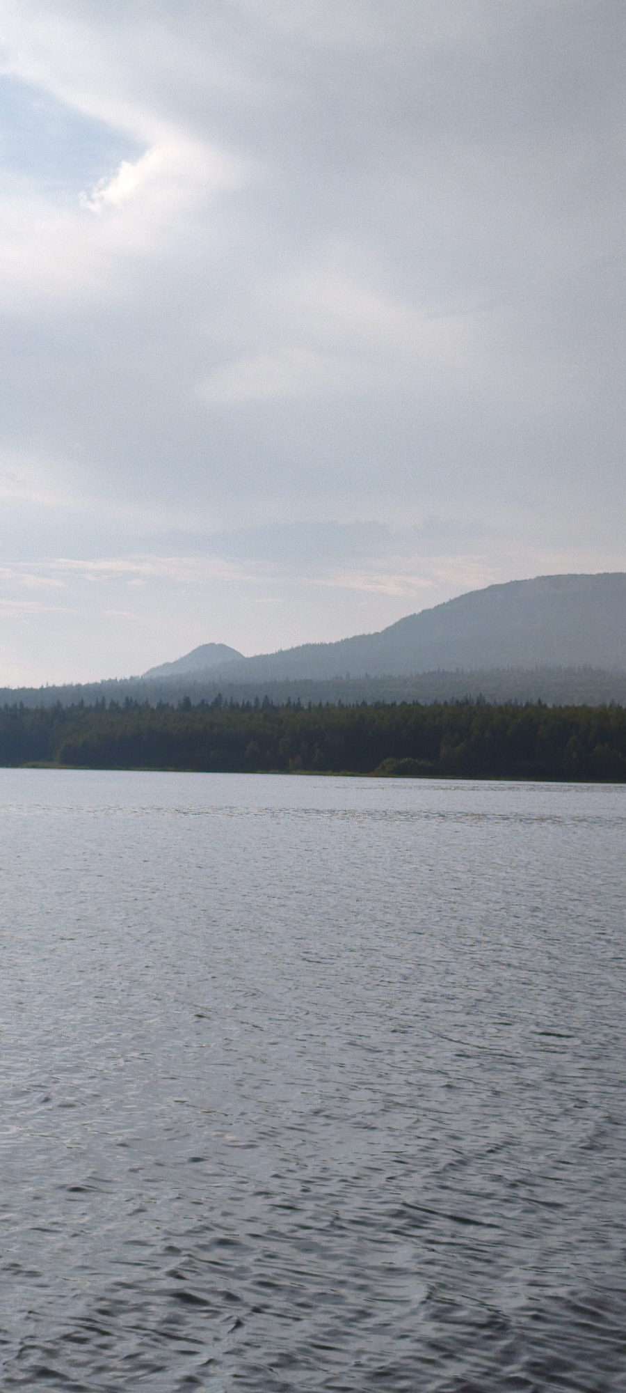 A wide shot captures a serene lake scene in Zyuratkul', Russia, under a hazy sky. The foreground is dominated by the calm, rippling surface of a lake, reflecting the muted tones of the sky. In the middle ground, a dense, dark green forest stretches horizontally, its trees forming a thick band across the landscape. Beyond the forest, a series of rolling hills, also covered in dense vegetation, recede into the distance, their forms softened by atmospheric haze. The sky above is a pale, overcast gray, with wispy clouds scattered across it, allowing a soft, diffused light to illuminate the scene. There are no people or man-made structures visible in the image, emphasizing the natural beauty and tranquility of the location.