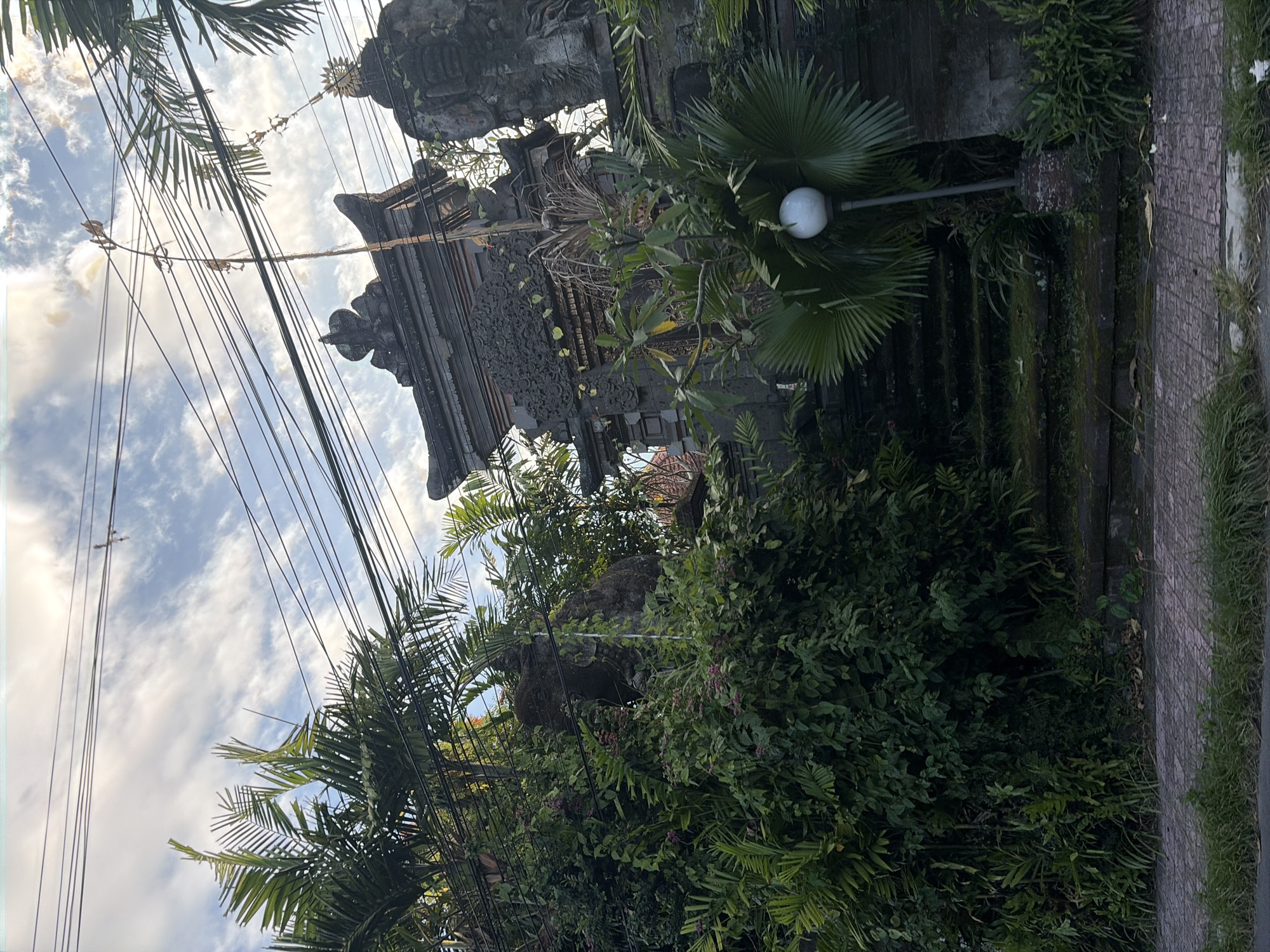 The image depicts an exterior view of a traditional Balinese temple entrance, likely located in the Ubud District, Indonesia, due to its architectural style and surrounding vegetation. The entrance features ornate stone carvings and is flanked by lush green foliage, including palm trees and various tropical plants. Stone steps, partially covered in moss, lead up to the temple gate. A modern street lamp with a white spherical light is situated near the steps, contrasting with the ancient architecture. Overhead, a complex network of electrical wires crisscrosses the sky, with a blue sky dotted with wispy white clouds visible above. The foreground shows a paved walkway with grass growing along its edges. No people or animals are visible in the scene.