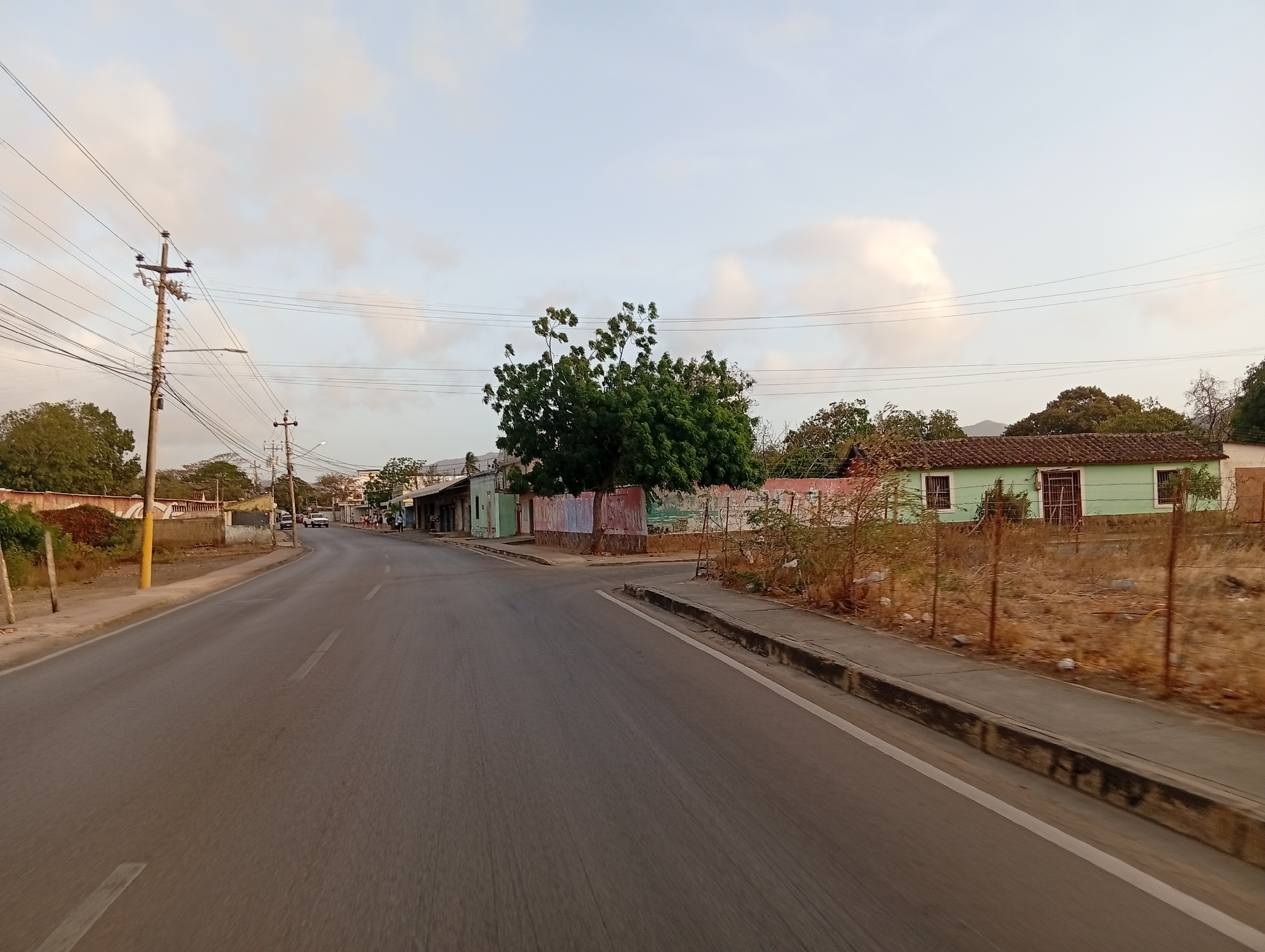 The image depicts a street scene in Juan Griego, Venezuela. The perspective suggests a view from a moving vehicle, possibly a car, traveling along a paved road with faded white lane markings. The street is flanked by buildings of varying architectural styles, including residential structures with pastel-colored facades. A prominent tree is positioned at a corner, partially obscuring the view of the buildings behind it. Utility poles line the left side of the road, supporting a network of wires. The sky is overcast, with scattered clouds. Fencing is visible on the right side of the road, bordering an area with dry vegetation. Several vehicles can be seen further down the road, along with pedestrians.