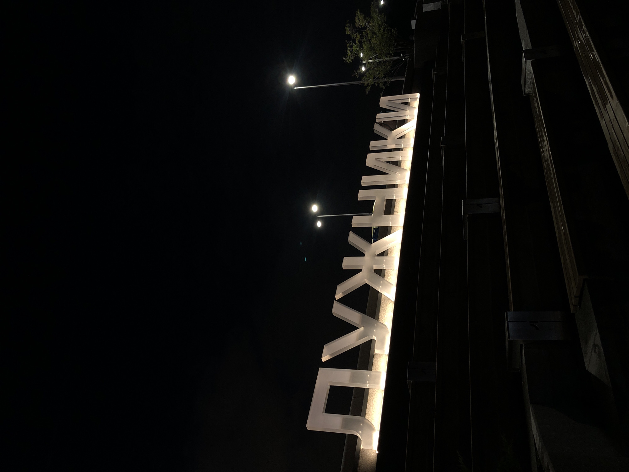 The image shows a nighttime view of a sign in Moscow, Russia. The sign is illuminated and displays the word "Лужники" (Luzhniki) in Cyrillic letters. Streetlights are visible in the background, along with some trees. The sign is attached to a dark structure with vertical lines. The sky is completely dark.