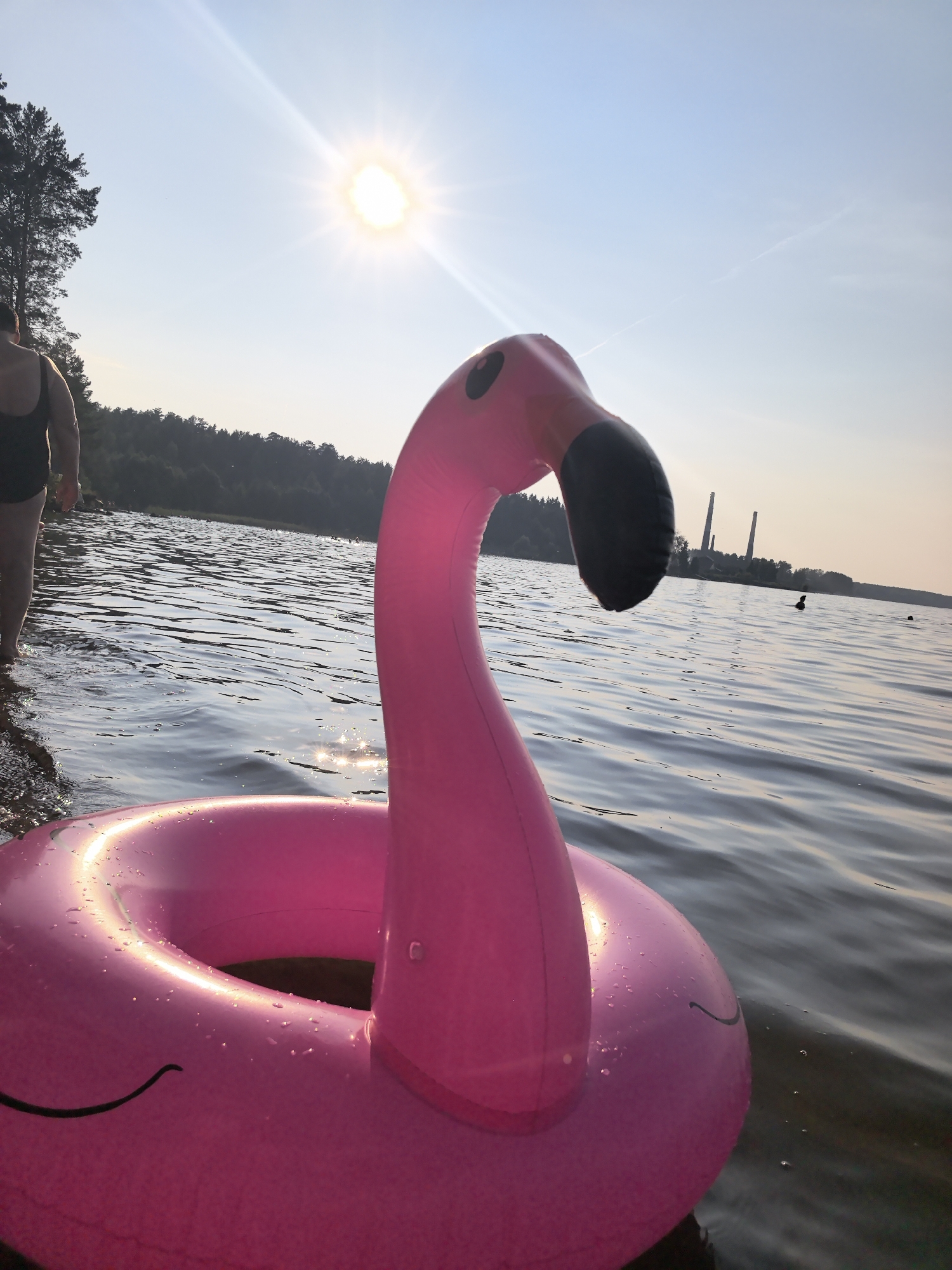 An outdoor, medium shot captures a vibrant pink inflatable flamingo float in the foreground, positioned in the foreground with its neck and head curving out of the water. The flamingo's body is a ring shape, and it appears to have a simple smiling face drawn on its surface. The water is slightly rippled, reflecting the bright sunlight that beams from the upper left of the frame, creating a lens flare effect. To the left of the frame, a person wearing a black swimsuit is wading in the shallow water, with their back to the camera, their feet submerged. In the mid-ground, the calm water extends to a tree-lined shore. Further in the distance, two industrial smokestacks rise above the trees on the horizon. A few small, dark figures are visible in the water in the far distance, possibly people swimming or boating. The overall atmosphere suggests a warm, sunny day at a lake or river, likely in the city of Chaikovsky, Russia, given the presence of industrial infrastructure.