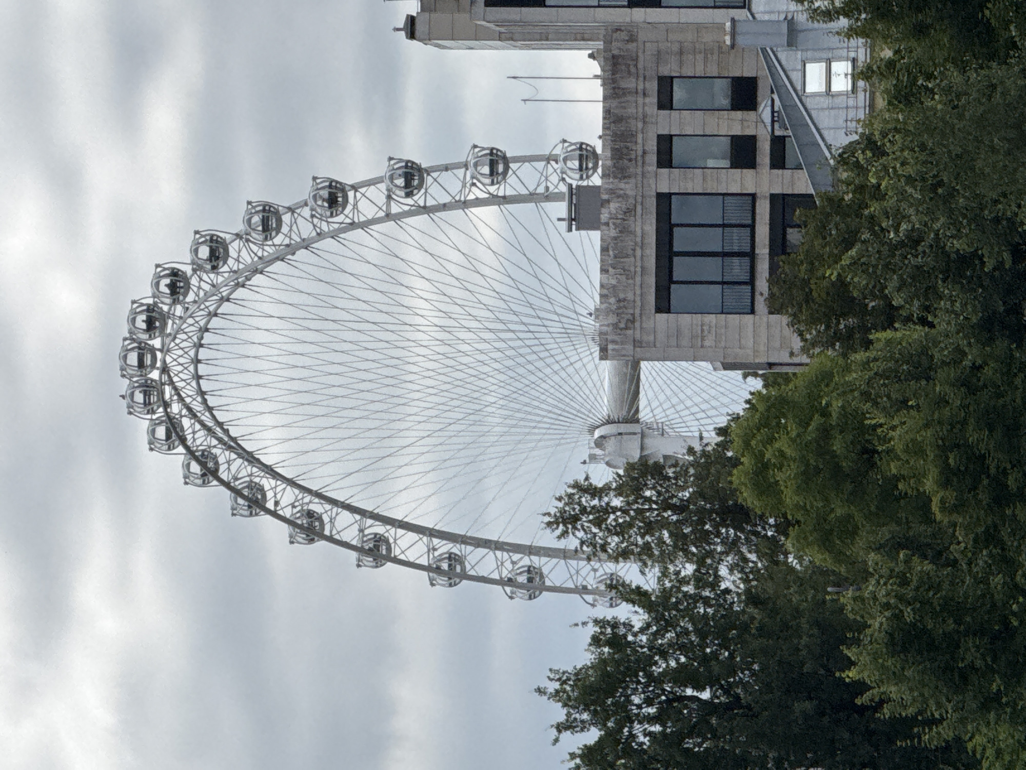 The image captures a large Ferris wheel, the London Eye, set against a cloudy sky. In the foreground, lush green trees partially obscure modern buildings constructed with concrete and glass. The Ferris wheel is a prominent feature, its intricate metal structure and numerous gondolas clearly visible. The overall scene suggests an urban environment with a mix of natural and man-made elements. The location is the city of Saint Petersburg, Russia.