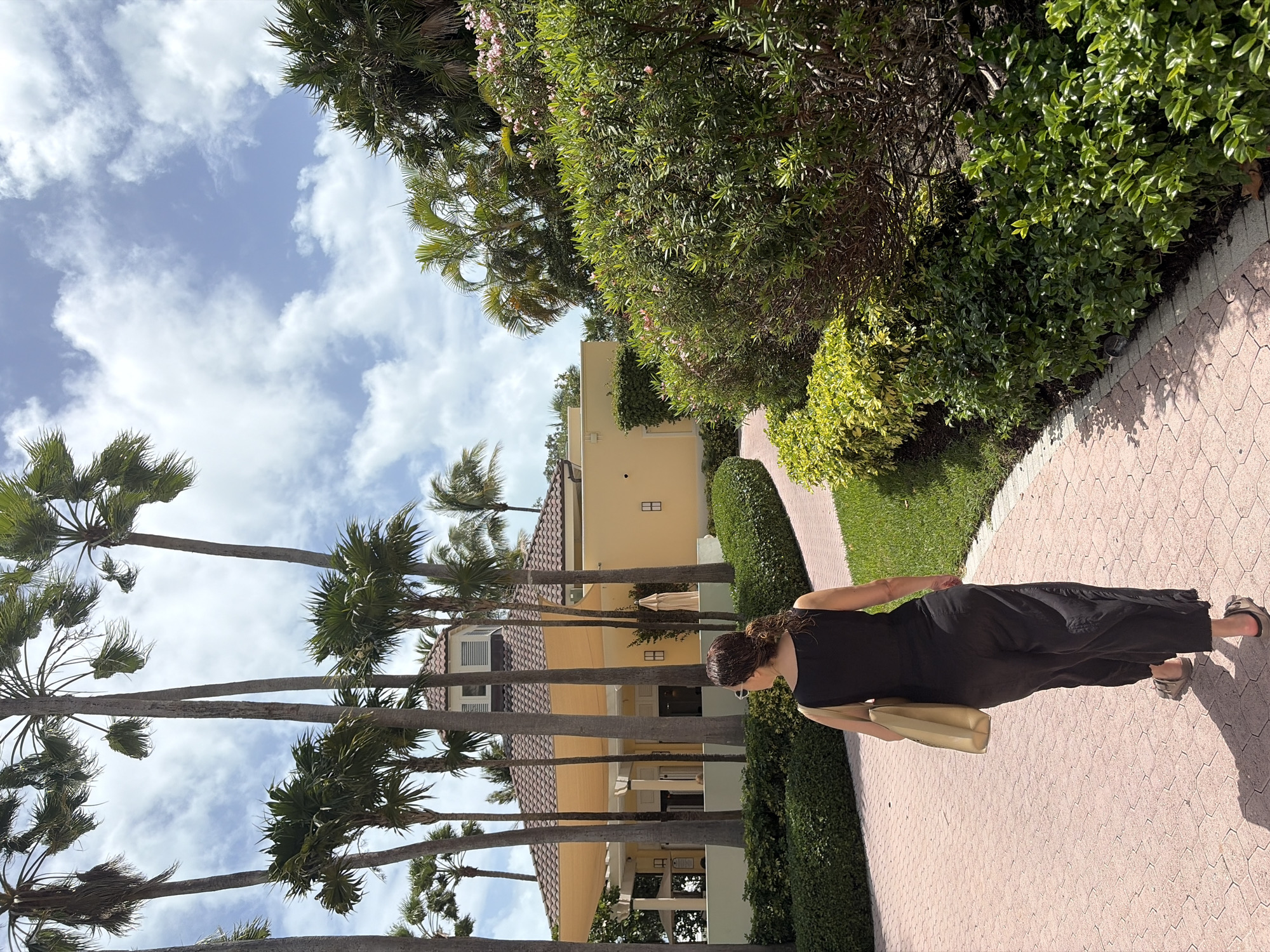 A medium, eye-level shot, rotated to the left, showcases a woman walking along a red brick path lined with green vegetation and palm trees, with buildings visible behind the trees. The sky is blue with scattered white clouds.
The woman, dressed in a black dress and sandals, is walking away from the camera, carrying a light-colored bag. She has curly brown hair.
To the left of the path, tall palm trees line the road, obscuring parts of the buildings behind them. The buildings are painted in light yellow and beige tones, with tiled roofs and visible windows.
The path itself is made of red bricks in a herringbone pattern. The green vegetation, consisting of bushes and trees, lines the path on both sides. The image appears to be taken in Key Biscayne, United States of America.