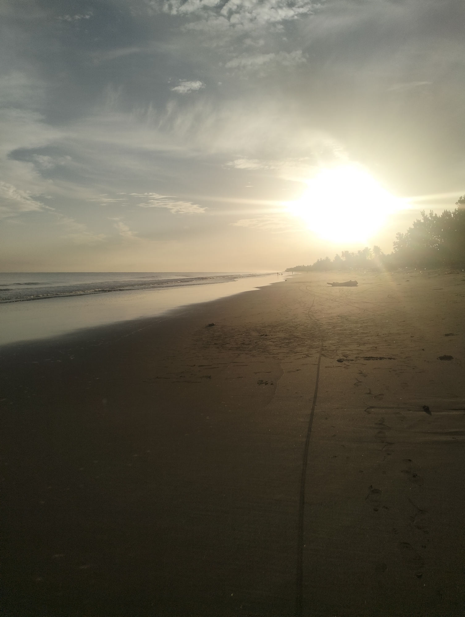 The image depicts a serene beach scene at sunset. The sun, a bright orb, hangs low in the sky, casting a warm, golden glow over the landscape and creating a hazy, atmospheric effect. Wispy clouds are scattered across the sky, tinged with the colors of the setting sun. The ocean stretches out to the left, with gentle waves lapping at the shore. The sand is a rich, dark brown, wet near the water's edge and drier further up the beach. Footprints and tire tracks are visible in the sand, suggesting recent human activity. In the distance, a line of trees marks the edge of the land. There are a few indistinct figures walking along the shoreline in the distance, as well as a piece of driftwood lying on the sand. The overall impression is one of tranquility and natural beauty. The location is Curehtunong, Indonesia.
