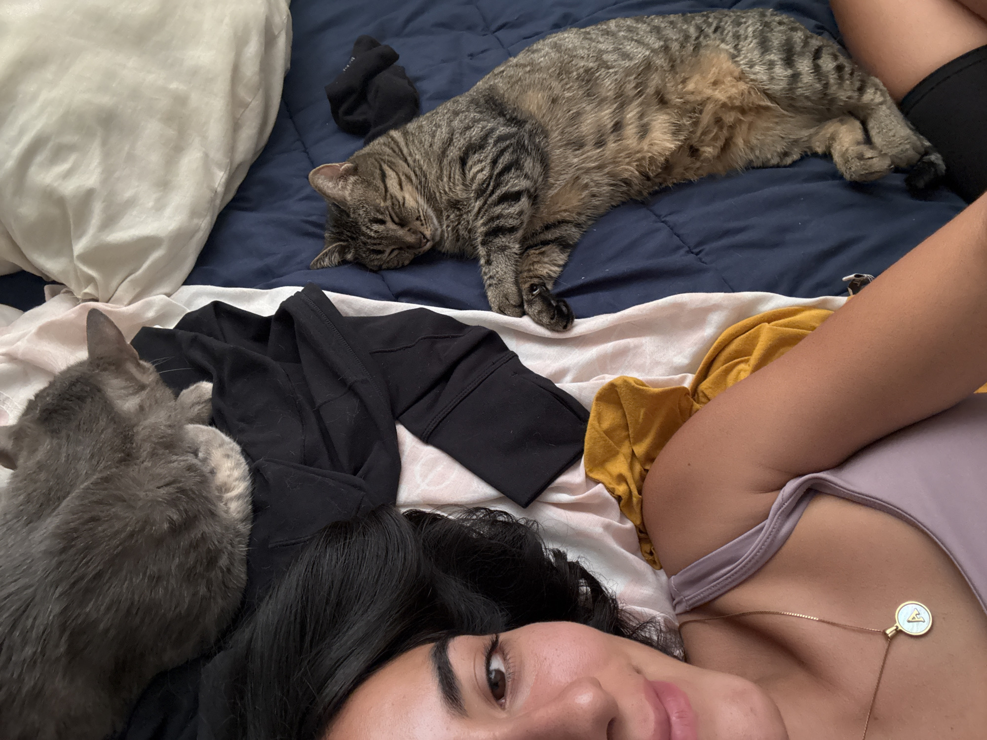 A medium, eye-level shot depicts a woman lying on a bed with two cats. The woman, positioned in the lower center of the frame, has dark hair and is wearing a light purple tank top with a gold necklace. A gray cat is nestled near her head on a black garment. A tabby cat is stretched out horizontally across the top of the frame on a blue comforter, near a black sock and a white pillow. A yellow garment is located near the woman's upper right arm. The setting appears to be indoors. There is no indication that this image was taken in Puebla, Mexico.