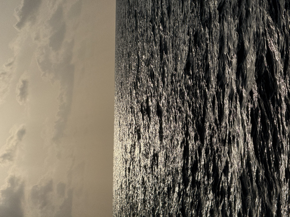 The image displays a panoramic view of the Mediterranean Sea from the coast of Tel-Aviv, Israel. The scene is bisected by a distinct horizon line, separating the sky above from the water below. The upper half of the frame shows an overcast sky with scattered, diffuse clouds, rendered in muted light brown and grey tones. The lower half depicts the vast expanse of the sea, characterized by dark, undulating waves. A prominent band of intense sunlight reflects off the water's surface, creating a shimmering, silvery path that extends from the foreground towards the horizon. No individuals, vessels, or man-made structures are visible. The overall lighting suggests either dawn or dusk, or a heavily clouded daylight condition, with the sun's position low on the horizon, obscured by clouds but casting a strong specular reflection on the water.