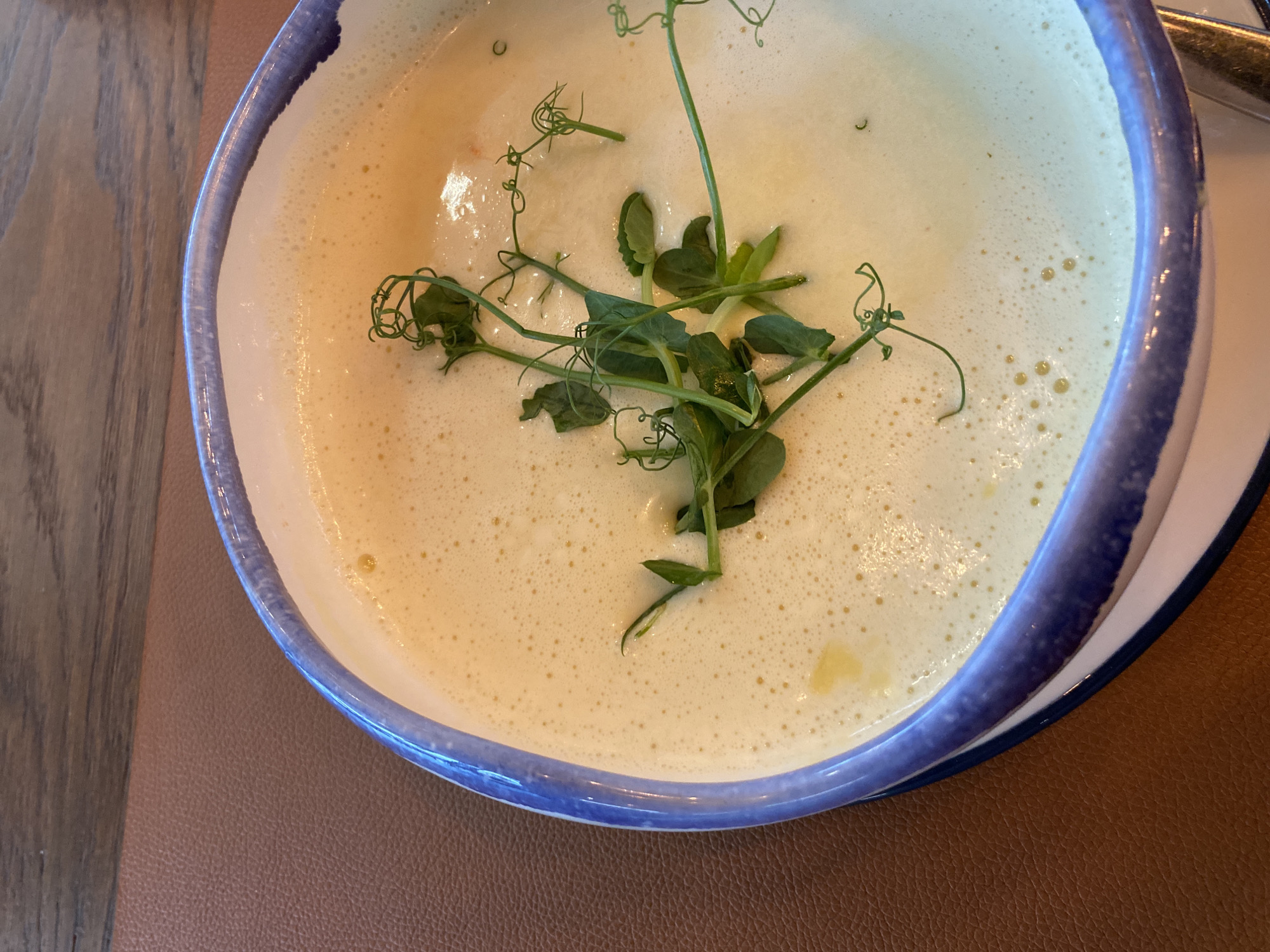 A top-down, high-angle, close-up shot shows a bowl of creamy soup garnished with fresh pea shoots. The soup, light beige with small bubbles, fills a white bowl with a thick blue rim. The pea shoots are arranged centrally, featuring leaves and tendrils. The bowl rests on a white plate with a visible blue edge. A tan, textured surface lies underneath. The image was likely taken indoors at a dining establishment. There is no evidence to suggest this image was taken in Perm, Russia.