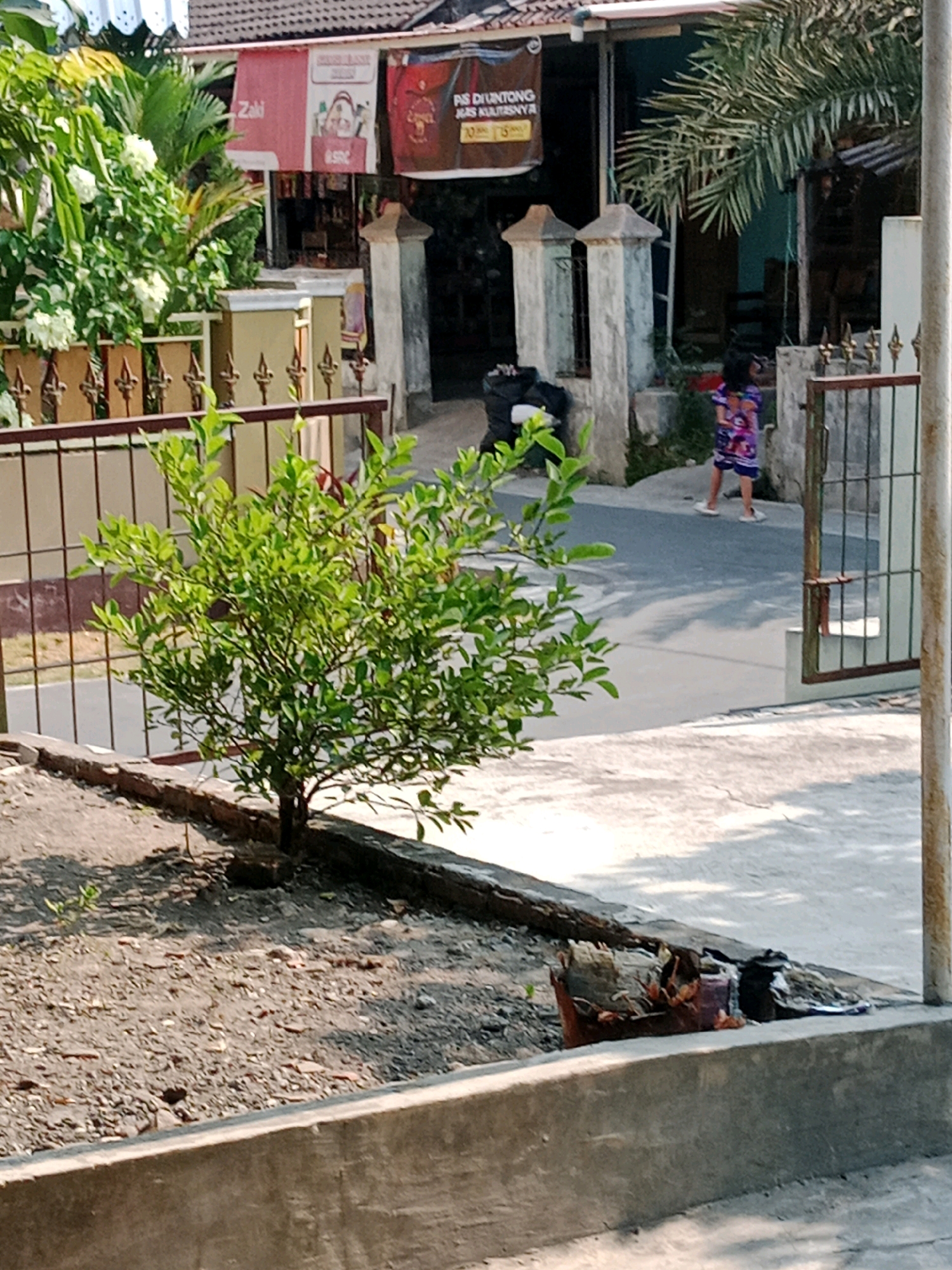 The image depicts a street scene in Waru, Indonesia, likely in a residential or commercial area. In the foreground, a small green shrub is planted in a raised dirt bed bordered by a low concrete structure. Behind the shrub, a metal fence with vertical bars and decorative horizontal elements runs across the frame. A paved pathway or road is visible beyond the fence, with a person, appearing to be a young child wearing a colorful dress and white shoes, standing and facing away from the camera. The child is located near a gated entrance with vertical metal bars. To the left of the child, there are two concrete pillars and some black trash bags. In the background, buildings with red roofs and banners are visible. One banner has text that appears to be in Indonesian, including the word "ZAKI". The overall environment suggests a sunny day with shadows cast on the pavement.