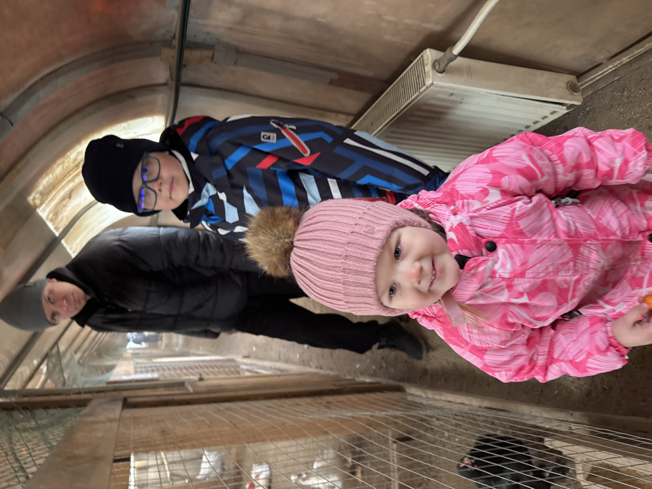 An indoor scene in Crokhovo, Russia, depicts three individuals within a narrow, covered passageway. In the immediate foreground, a young female child, approximately 2-4 years old, is dressed in a pink patterned winter suit and a pink ribbed knit hat with a large brown faux fur pom-pom. She faces forward, smiling slightly, and holds a small orange, cylindrical object in her right hand. Behind her and positioned to the right is a male child, approximately 6-9 years old, wearing a blue, black, and red patterned winter jacket, a dark knit hat, and blue-framed eyeglasses. He looks directly at the viewer with a neutral expression. Further in the background, to the left, an adult male wearing a dark puffer jacket and a gray knit hat stands, observing the viewer with a serious expression. To the left of the frame, a series of wooden-framed, wire mesh enclosures contain domestic fowl, including at least two white birds and one dark-feathered bird. A white panel radiator is visible on the lower right wall, and the overhead structure features a curved, light-colored surface. The floor appears to be a light-colored ground surface.