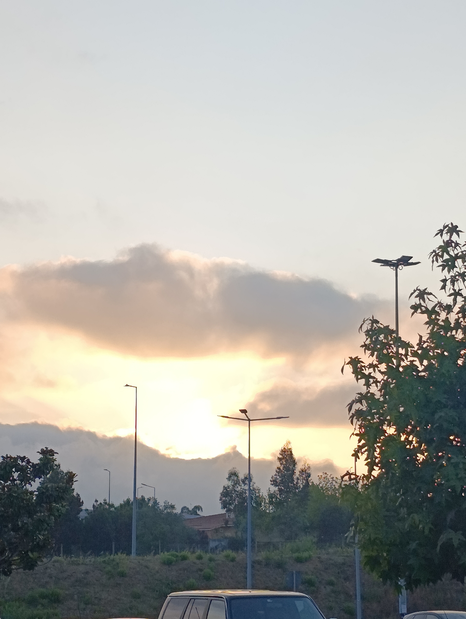 The image depicts a cloudy sky with the sun partially visible behind the clouds, casting a warm, orange glow. In the foreground, a green tree with large leaves is on the right side of the frame, partially obscuring a street lamp with two lights. On the left side, another street lamp is visible, along with a line of trees and some buildings in the background. A section of a car can be seen at the bottom of the image. The scene suggests an outdoor setting, possibly a parking lot or a street in Santa Maria da Feira, Portugal, during sunrise or sunset.