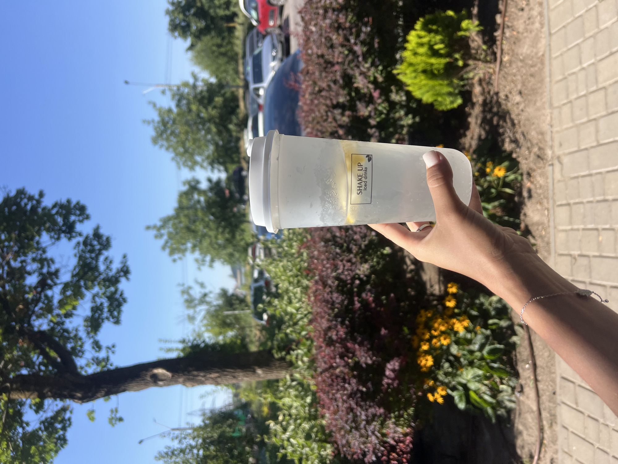 A hand with white fingernails and a silver bracelet holds a clear plastic cup filled with iced water and lemon slices. The cup has a white lid and a logo that reads "SHAKE UP iced drinks." The background shows a street with parked cars, trees, and bushes. The location is Fontanka, Ukraine.