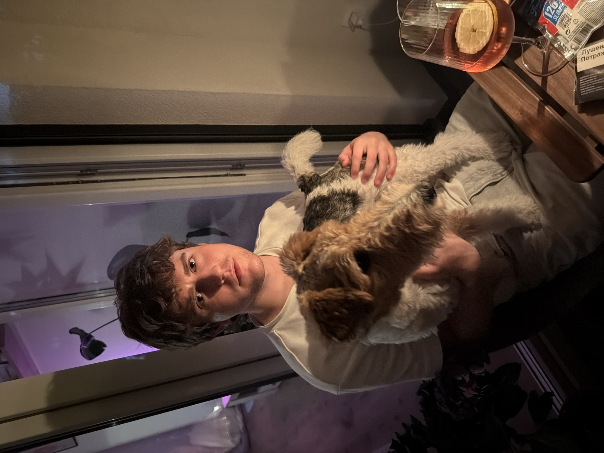 A man holds a brown and white Wire Fox Terrier. He is wearing a white t-shirt. A glass of a pink beverage with a lemon wedge sits on a wooden tray to the right, along with a pack of cigarettes. The scene is indoors. The photo may have been taken in Palilula Urban Municipality, Serbia.