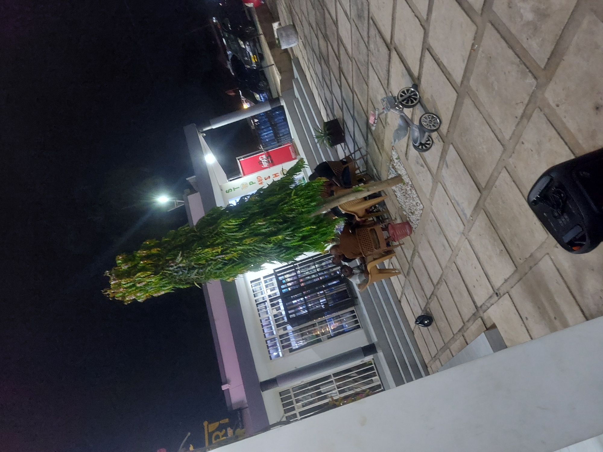 Captured at night in Dar es-Salaam, Tanzania, the image shows a partially visible building with multiple lit windows, likely a restaurant or commercial establishment. The building is adorned with a Coca-Cola sign and a smaller sign reading "STEPS AND." Patrons are seated at outdoor tables and chairs, indicating a relaxed dining atmosphere. A large tree partially obscures the view of the building. In the foreground, a tiled pavement leads to a partially visible black object, possibly a speaker. A child's stroller is parked nearby. The sky is dark, suggesting the scene is photographed after sunset.