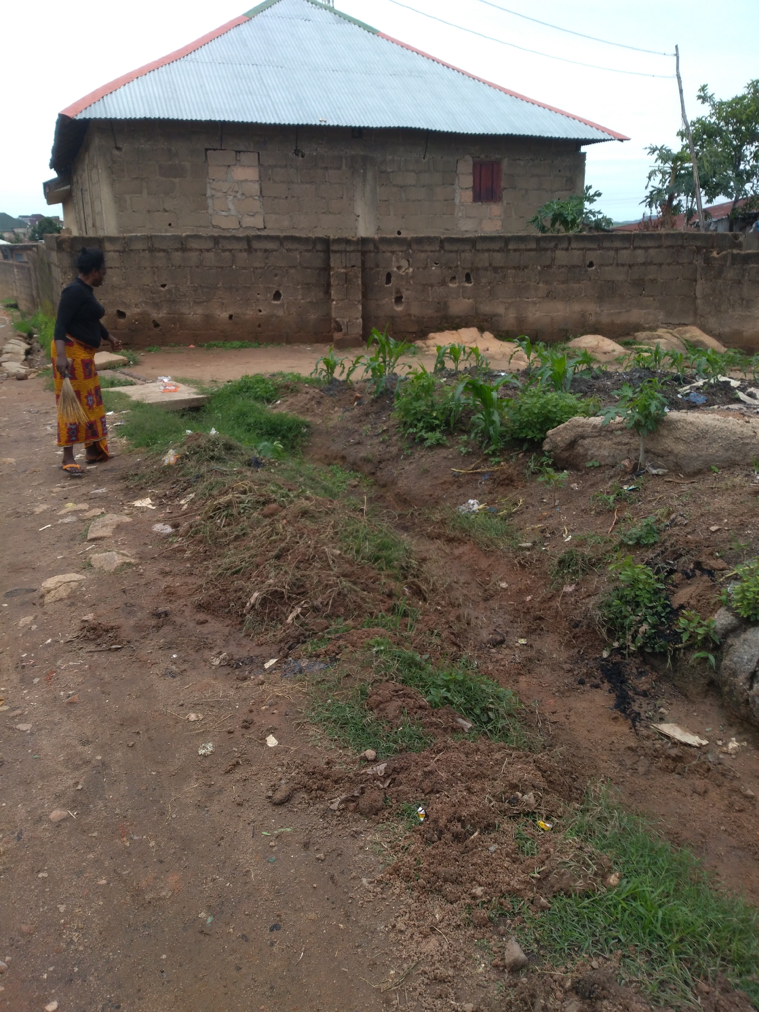 The image depicts a woman standing on a dirt road in front of a mud-brick building with a corrugated metal roof in Jos, Nigeria. The building is partially obscured by a brick wall. In front of the building, a small patch of corn is growing. The ground is uneven and appears to be undergoing construction or development. The overall scene is dusty and somewhat unkempt.