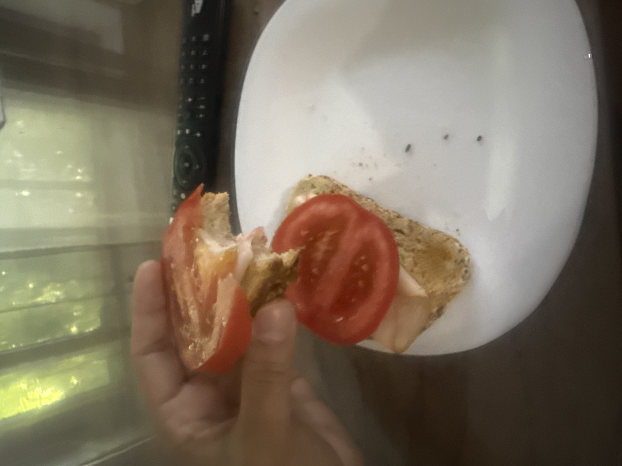 The image shows a close-up, slightly out-of-focus view of a hand holding a partially eaten sandwich made with toasted bread, sliced tomatoes, and what appears to be deli meat. The sandwich is partially assembled, with one half held in the hand and the other resting on a white plate. The plate also contains a few small dark specks, possibly sesame seeds or other crumbs. In the background, there is a blurred view of what appears to be a window with vertical blinds or curtains, letting in natural light, and a black remote control. The scene is indoors, on a tabletop. There is no information or visual cues in the image to indicate its location in the city of Burgas, Bulgaria.