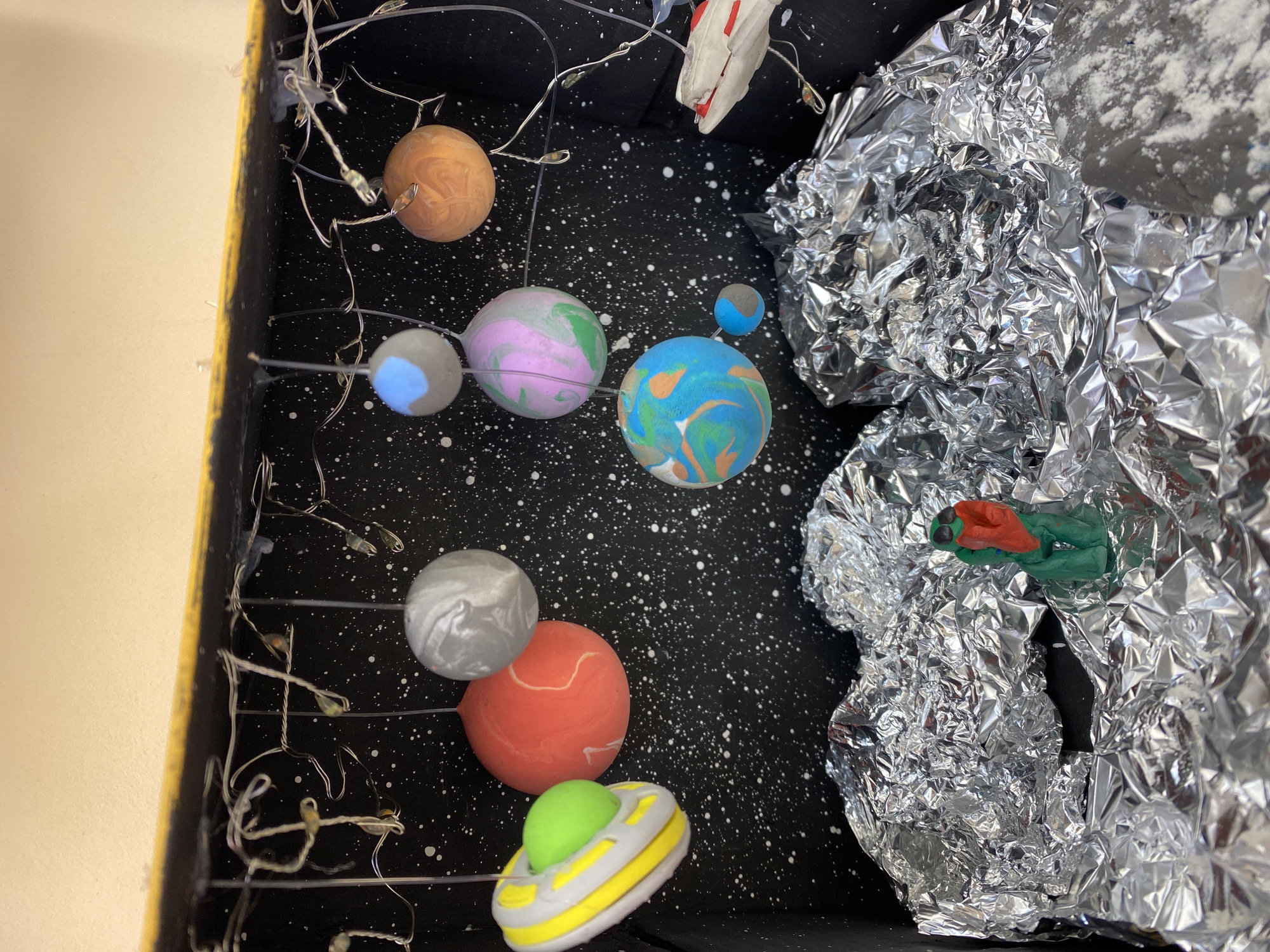 A diorama depicts a solar system in a black, star-speckled container. Nine painted model planets of various colors and sizes, attached by thin wires, are positioned against the black backdrop. To the right of the planets, a crumpled sheet of aluminum foil represents an asteroid belt, with a lump of green and red clay and a gray, powdered rock within it. A white model rocket is suspended near the top right of the scene, also connected by wires. At the bottom left, a toy UFO with a green dome rests among the planets. There is no indication this diorama is in Yekaterinburg, Russia.
