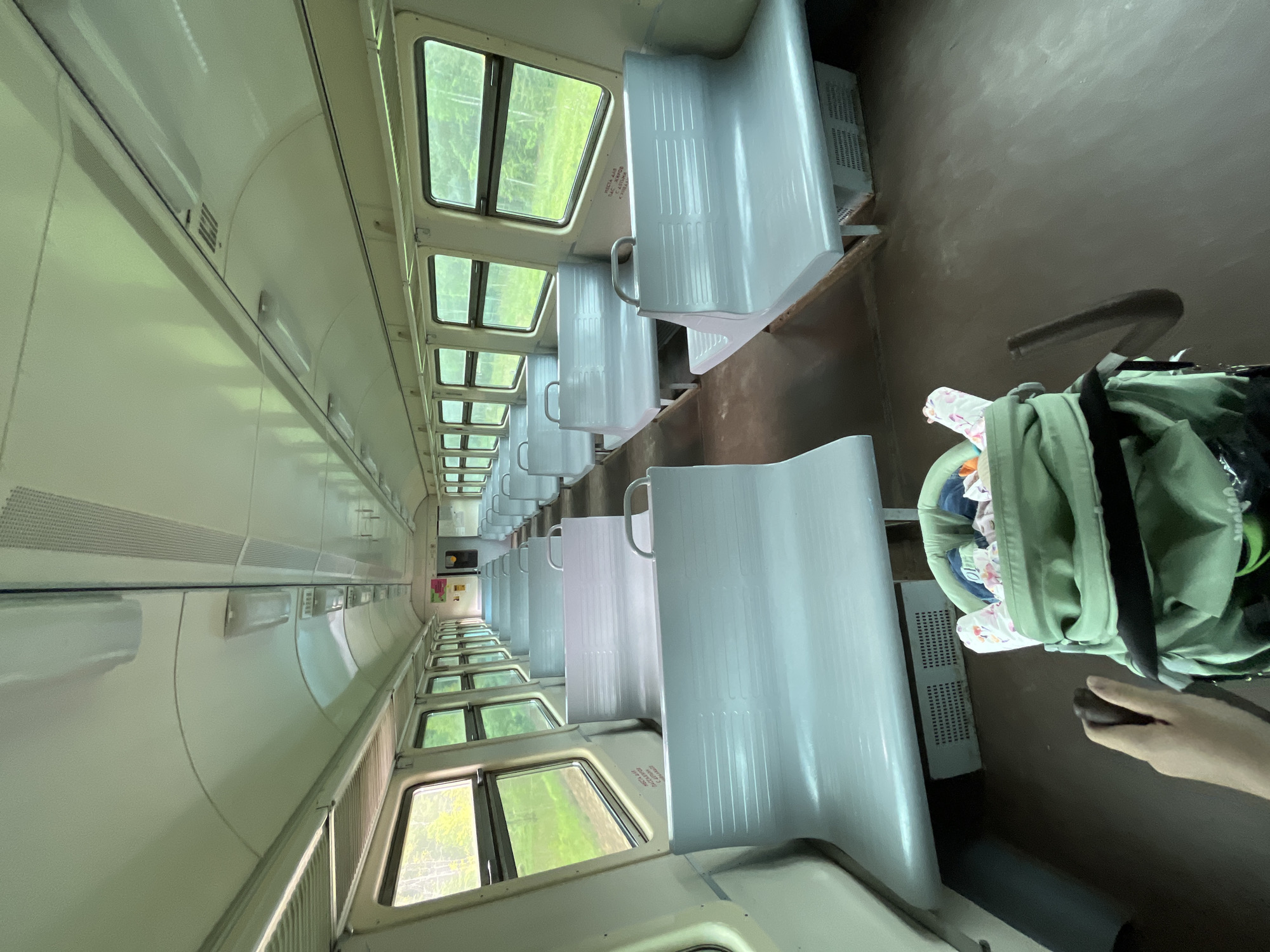 The image shows the interior of a train car, likely in Мшинская, Russia. Rows of white seats line the sides, with windows above offering a view of trees. A stroller with baby items is present in the foreground. A hand is visible near the stroller. The train car appears mostly empty.