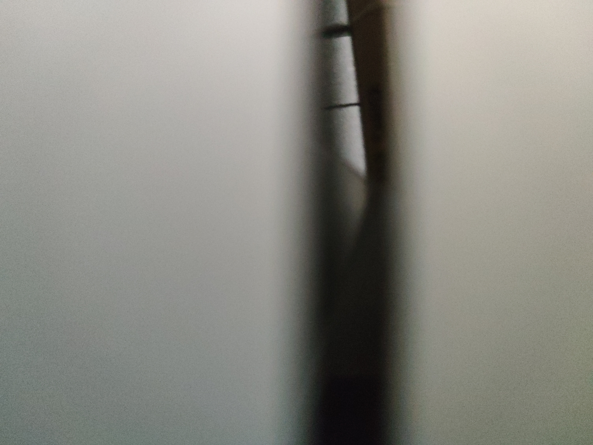 The image shows a blurry, vertical object that appears to be a metal pole or rod with some sort of fastener or connector attached to it. The background is a blurred, light-gray wall. The location is unspecified.