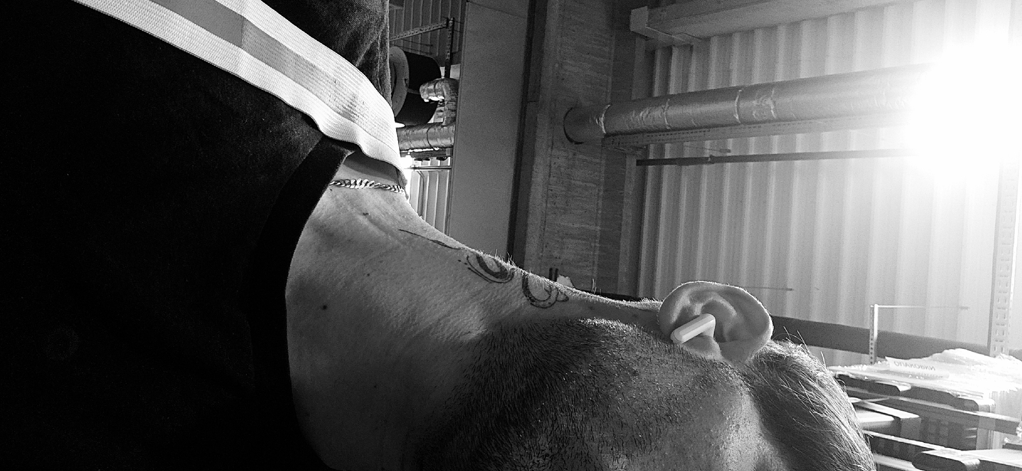 A black and white, close-up photograph shows the back of a man’s neck and head. A black shirt with white stripes around the collar is visible on the left side of the image. The man has a tattoo on his shoulder. A silver chain is around his neck. He is wearing a white earbud in his right ear. The background shows corrugated metal walls, possibly of a warehouse or industrial space. There is a pipe running horizontally across the wall. Bright light is coming from the right side of the image, obscuring some details. Based on the image, it is impossible to determine the exact location in Plovdiv, Bulgaria.