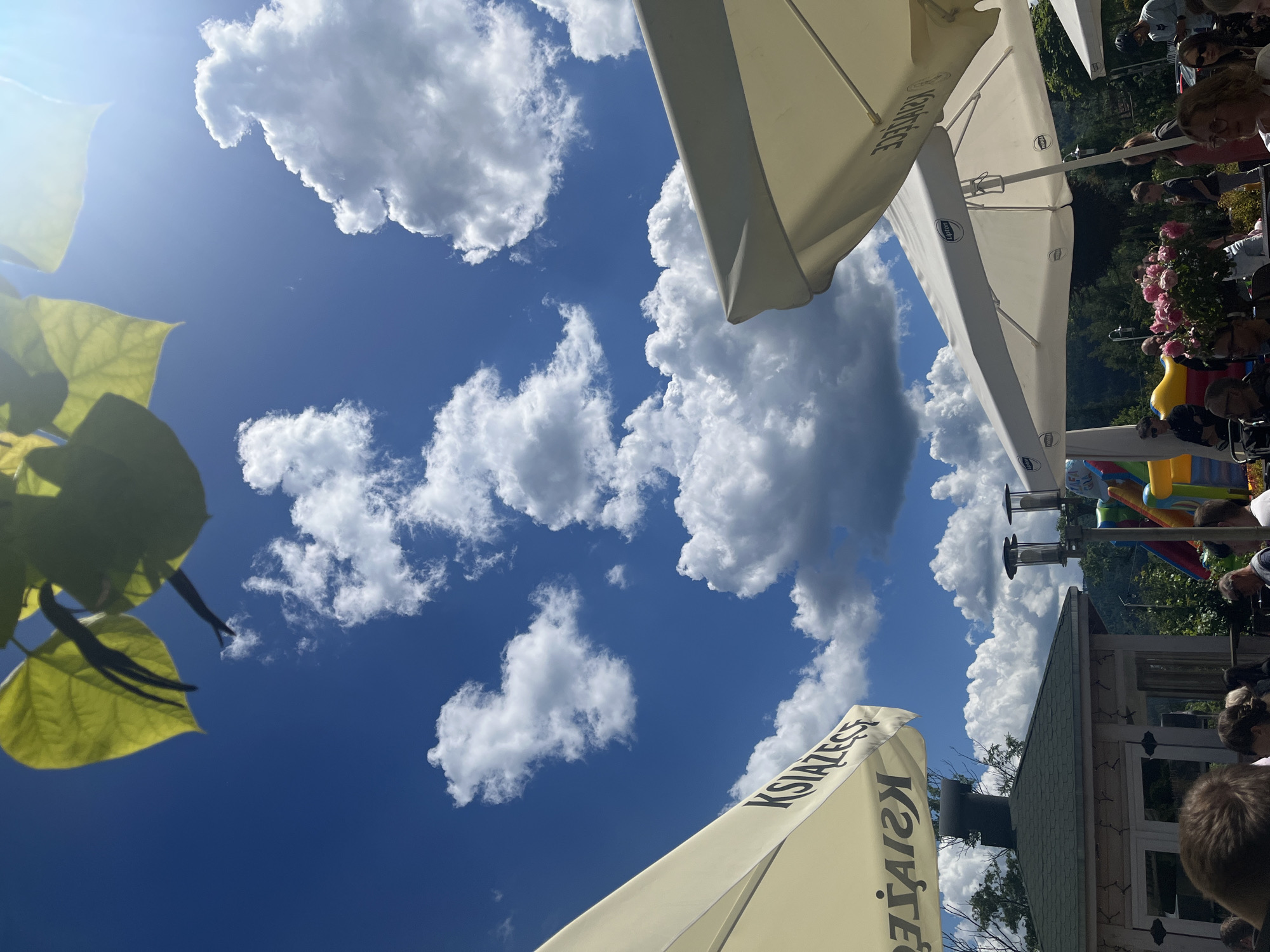 The image depicts an outdoor scene, likely a cafe or restaurant, on a sunny day with a bright blue sky filled with white, fluffy clouds. In the foreground, parts of two white umbrellas are visible, one on the left with "KSIĄŻĘCE" printed in black letters, and another on the right. Overhanging from the top edge of the image are vibrant green leaves and dark seed pods, suggesting the presence of a tree or vine.
Below the umbrellas, a small, green-roofed building with wooden walls and windows is visible, with string lights decorating its facade. To the right of the building, a colorful inflatable play structure, possibly a bouncy castle, is partially visible. Several people are present in the scene, some seated at tables and others standing. They appear to be casually dressed, suggesting a relaxed atmosphere. A large bouquet of pink flowers is also visible in the lower right portion of the image. The background features trees and hills, indicating a location possibly outside a densely populated urban area. The overall impression is one of a pleasant, outdoor gathering space.