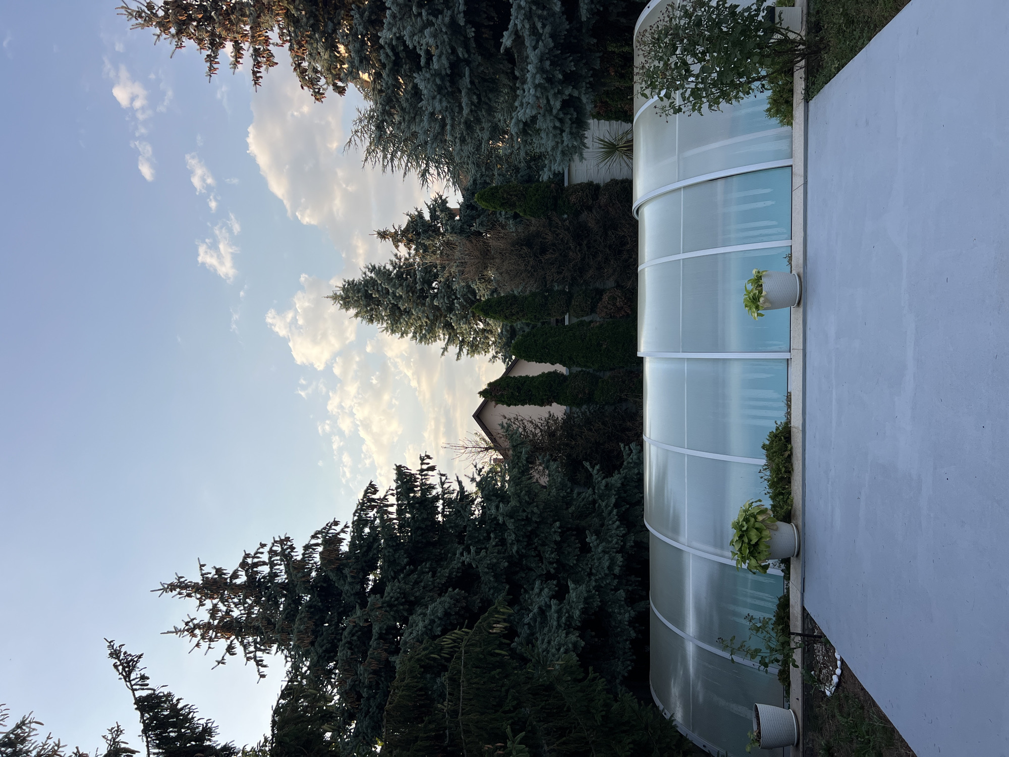 An outdoor swimming pool enclosure with a clear, ribbed polycarbonate roof and white metal framing is situated in a backyard. The enclosure covers a pool filled with light blue water. Surrounding the pool are various potted plants, including a large plant with broad green leaves in a white pot and a smaller plant in a similar pot. A gray concrete patio area is in the foreground. The background features a dense row of evergreen trees, including tall fir trees and cypress trees, with a light-colored house visible behind them. The sky above is a light blue with scattered white clouds, suggesting it is daytime. The scene is located in Fontanka, Ukraine.
