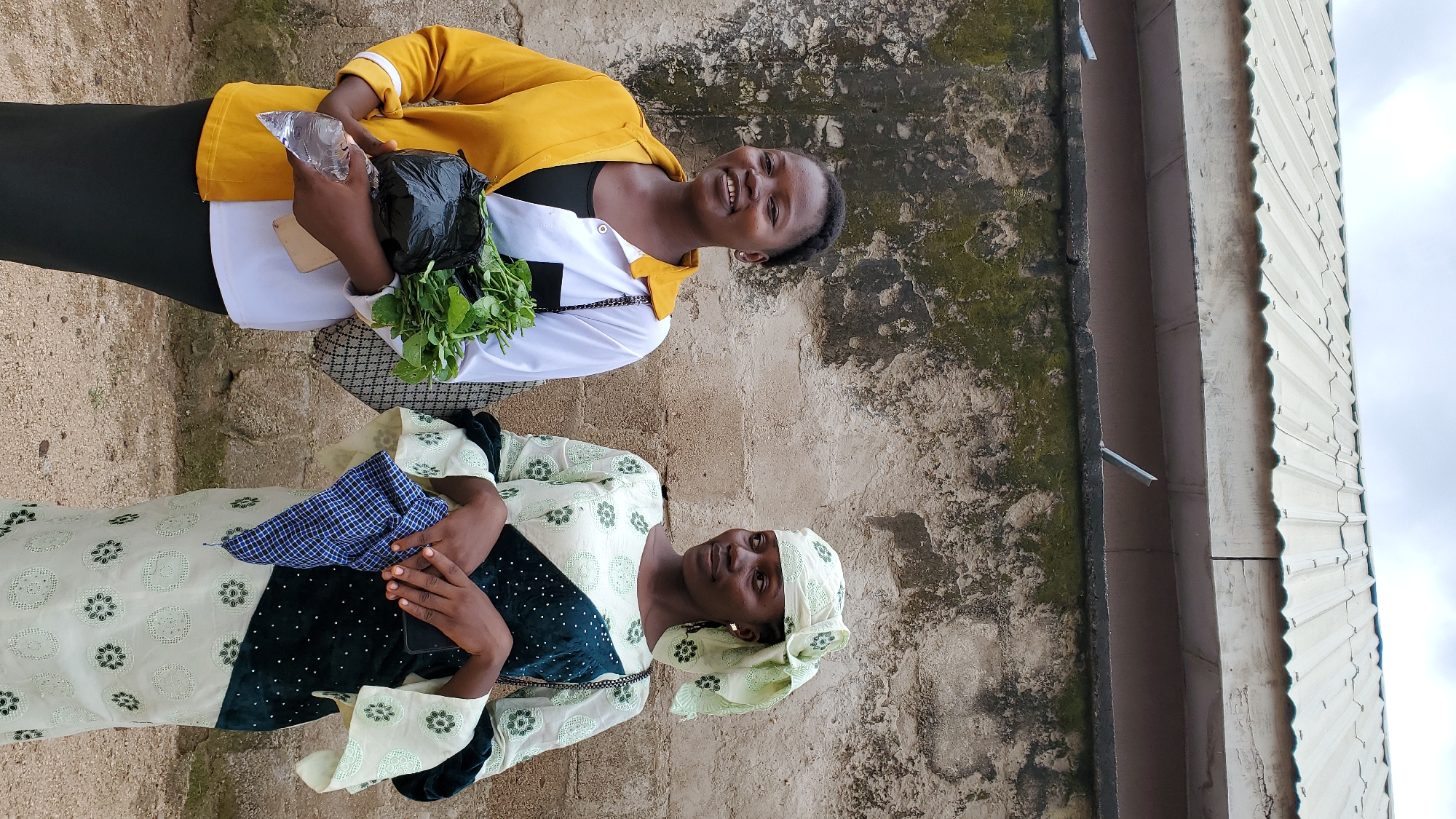 Two young women stand in front of a textured, aged concrete wall, with a corrugated metal roof visible above. The woman on the left wears a two-toned shirt, yellow on the right and white on the left, over a black skirt and a black top. She holds a bunch of leafy greens in a black plastic bag, a bottle of water, and a mobile phone. The woman on the right is dressed in a patterned light green dress with darker green accents and a matching headscarf. She is holding a folded blue and white checkered cloth. The scene is likely outdoors in a residential or market area in Jalingo, Nigeria, suggested by the architecture and clothing styles. The overall lighting indicates an overcast or partly cloudy day.