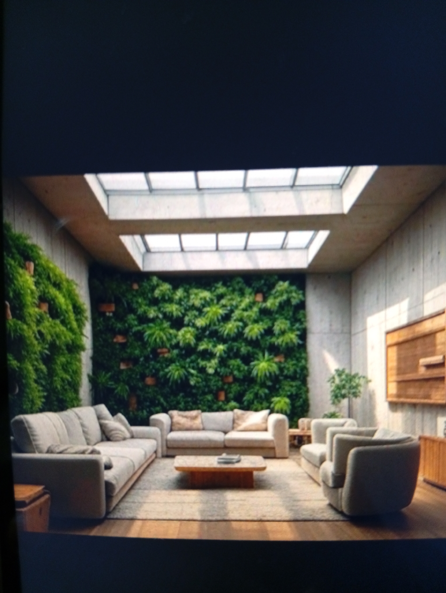 The image depicts a modern, well-lit living room, not likely located in Dutsen Alhaji, Nigeria due to its architectural style and interior design elements. The room features a skylight, exposed concrete walls, and two vertical garden walls. There are two sofas, a loveseat, and a coffee table arranged on a large area rug. Additional plants are present, and a wooden cabinet is visible on the right. The room is unoccupied.