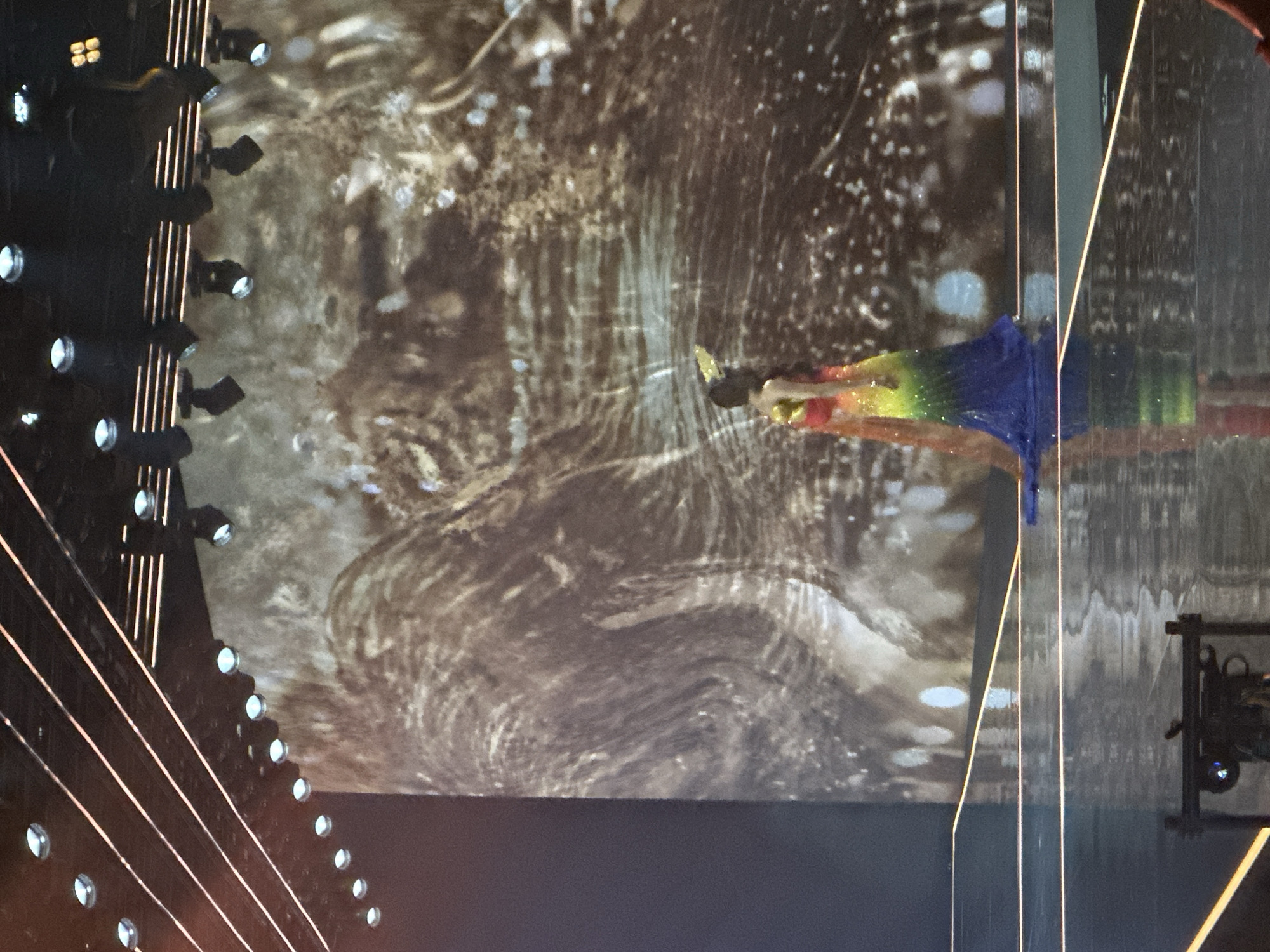 The image shows a performer on a stage, facing away from the camera and towards a large projection screen displaying a swirling, abstract pattern of brown and white. The performer is wearing a long, flowing dress that transitions through the colors of the rainbow, from red and orange at the top to green, blue, and purple at the bottom. They are also wearing a golden headdress. The stage floor is reflective, mirroring the performer and the projection. Overhead, a series of lights and stage equipment are visible. The scene appears to be an indoor event, possibly a concert or performance. The location is not specified in the image, and therefore cannot be identified as Nowy Sącz, Poland.