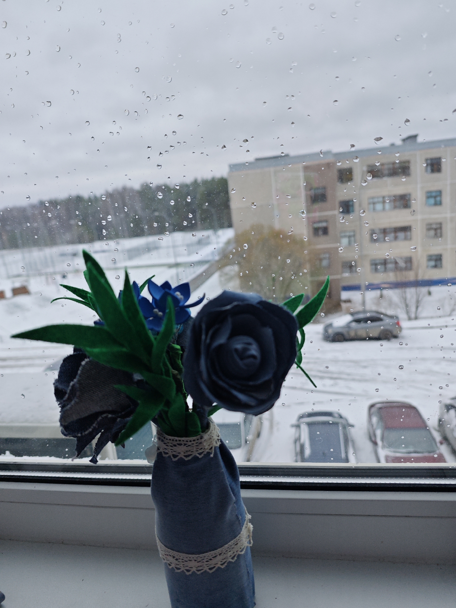 Here is a forensic description of the image:
**General Description:** The image appears to be taken from indoors, looking out of a rain-streaked window. A bouquet of artificial flowers in a decorative vase sits on the window sill, partially obscuring the view. The scene outside depicts a winter landscape.
**Location Details:** The image is likely taken in Markovskii, Russia, based on a reasonable geographic certainty assessment and the observed presence of snow, precipitation, and buildings resembling common Russian urban structures.
**Objects:**
* **Flowers:** A small bouquet of artificial flowers, including a dark blue rose-like flower and smaller blue blooms, with green leaves. They are in a vase or wrap made of a blue fabric material decorated with lace.
* **Window:** A white window frame with visible raindrops on the glass.
* **Building:** A large, multi-story apartment building in the background with a muted color scheme (beige/grey).
* **Cars:** Several parked cars are visible in the snow-covered area outside. The cars have a range of colors and models.
* **Snow:** A layer of snow covering the ground and some of the cars.
* **Trees:** Bare trees are visible in the background along with a snow-covered incline.
**Environment:** The season is winter due to the presence of snow. There's ongoing precipitation, as evidenced by the raindrops on the window. The overall light is muted, suggesting an overcast or cloudy day.