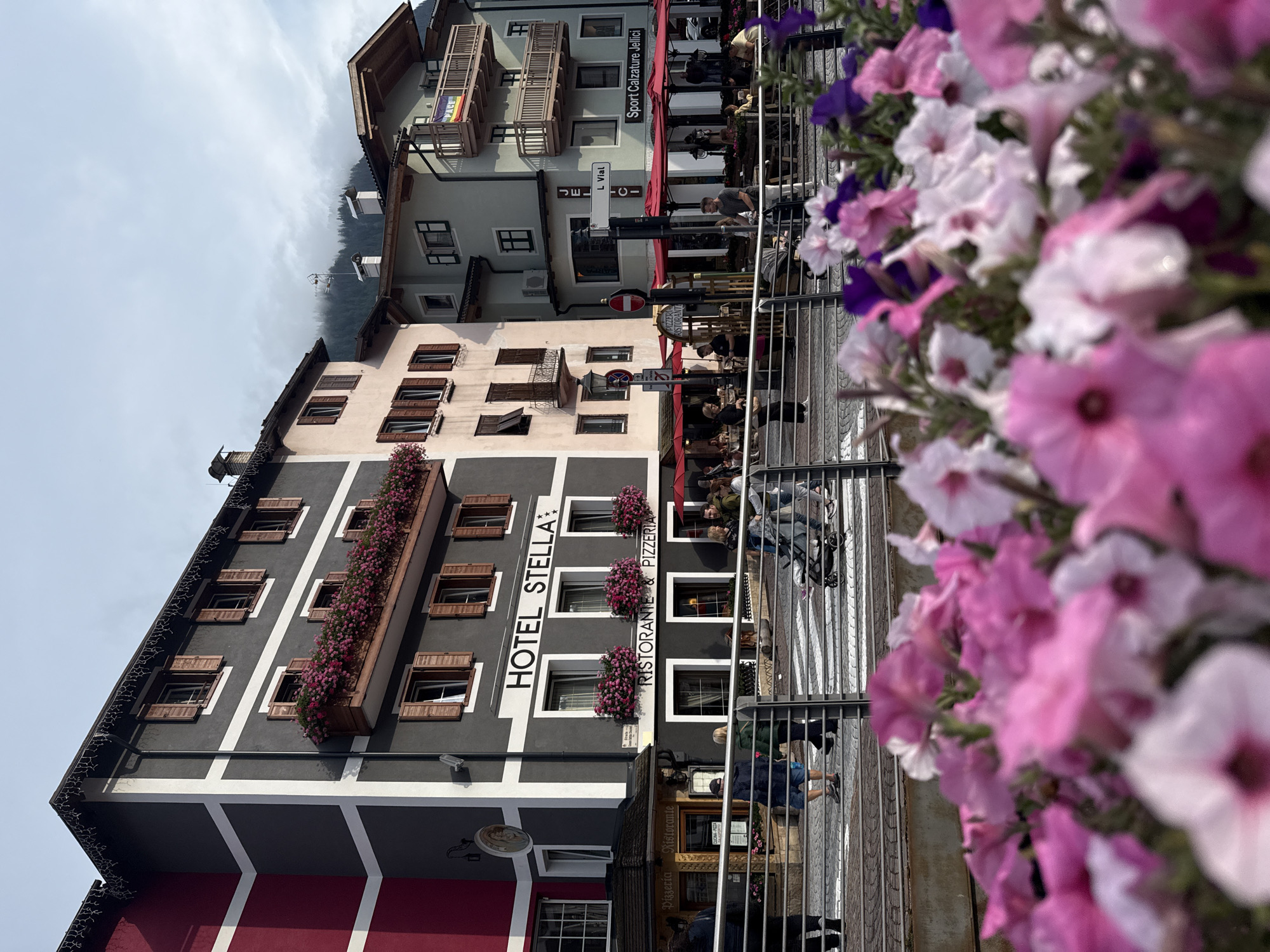 The image depicts a street scene in Moena, Italy, likely in the late afternoon or early morning, given the lighting. In the foreground, a dense cluster of bright pink and white petunias creates a soft, blurred effect. Behind the flowers, a metal railing runs horizontally across the frame. Beyond the railing, a pedestrian crossing is visible with several people crossing.
On the left side of the street, a building with a distinctive red and grey facade stands prominently, featuring the sign "HOTEL STELLA" in large white lettering. This building has multiple windows with wooden shutters and window boxes filled with pink flowers. Adjacent to Hotel Stella is a smaller establishment with a sign indicating "Pizzeria Ristorante."
Further down the street, a row of buildings with lighter-colored facades lines the sidewalk. Several of these buildings have outdoor seating areas shaded by red umbrellas, suggesting restaurants or cafes. Signs visible include "L Vial" and "Sport Calzature Jellici." One building has a balcony with a flag that appears to have rainbow stripes and the word "PEACE" on it.
People are seen walking and pushing strollers across the street and on the sidewalk. The overall atmosphere appears to be a lively, urban environment with a focus on outdoor dining and pedestrian activity. The background shows a hazy view of mountains, consistent with the mountainous region of Moena in the Italian Alps.