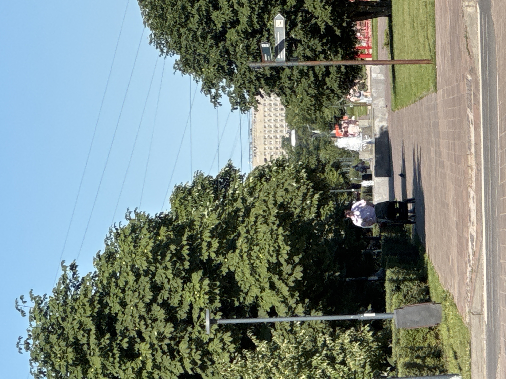 The image depicts a park scene on a sunny day, possibly in Nizhny Novgorod, Russia, given the context. In the foreground, a paved walkway with a brick pattern is visible, leading into the park. A person is walking on the walkway, pushing a dark-colored stroller. This individual is wearing a light-colored, possibly pink, collared shirt and dark pants. To the left of the walkway, a lamppost stands next to a neatly trimmed green hedge. Beyond the walkway, a fountain with splashing water is visible, and several other individuals can be seen in the distance. Trees with dense green foliage line both sides of the walkway, framing the scene. In the background, a large, multi-story building with a light-colored facade and numerous windows is visible, suggesting an urban setting. Power lines are strung across the clear blue sky above the trees. To the right of the walkway, a signpost with directional arrows is present. The overall environment suggests a public park or a pedestrian area within a city.