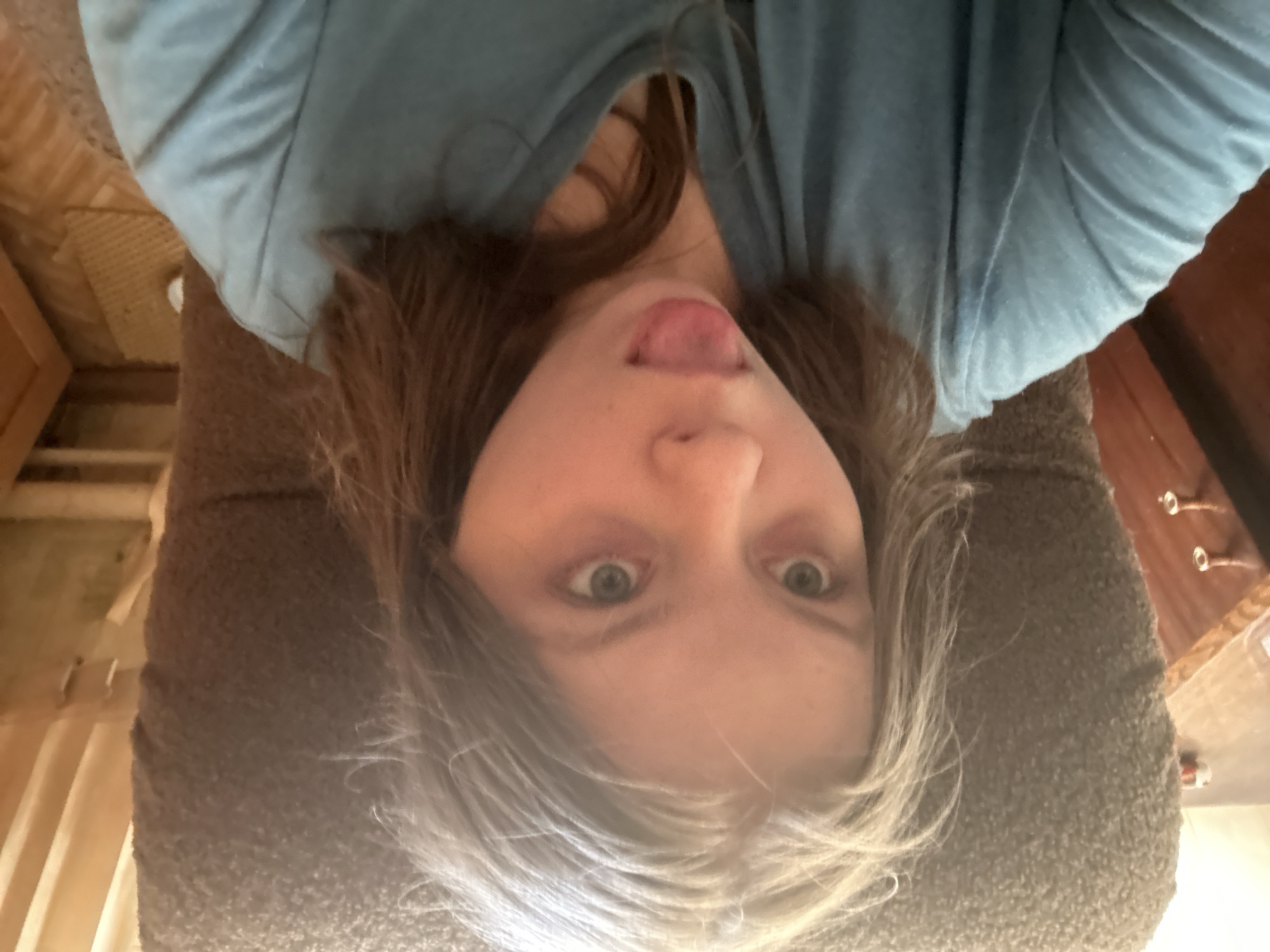 A young woman is taking a selfie from a low angle, seemingly reclined. She is wearing a light blue shirt and has brown hair with gray strands. She is sticking her tongue out with wide eyes. She appears to be sitting on a brown, upholstered chair. The background includes unfinished walls of a wooden structure and a wood cabinet. The location in the city of Moscow, Russia is unknown.