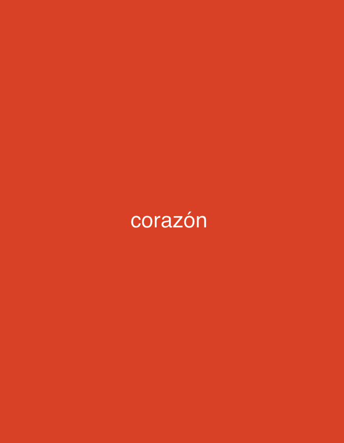 The image displays a minimalist composition featuring white text centered against a solid, vibrant red-orange background. There are no people, objects, or a discernable scene or setting beyond the colored canvas itself. No activity or event is taking place.
The most notable detail is the uniform red-orange color of the background, which fills the entire frame. The text "corazón" is prominently displayed in the center, rendered in lowercase white letters. The letter 'o' in "corazón" includes an acute accent mark (ó). There are no other visible details regarding time of day, weather, or specific location cues within the image itself. The overall aesthetic is clean and simple, focusing solely on the word and its stark contrast against the background color.