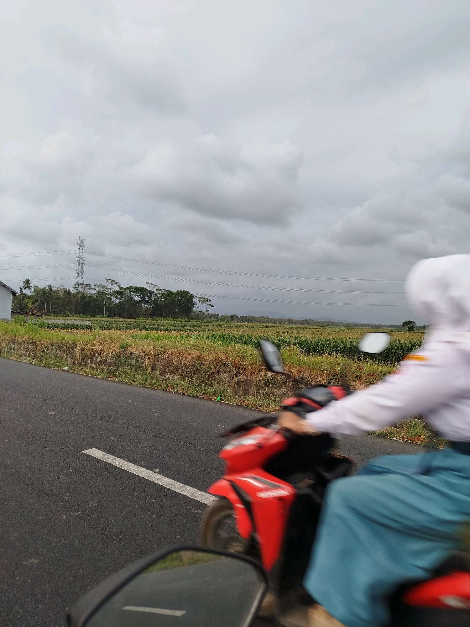 A person wearing a white hijab and a white shirt is riding a red motorcycle on a paved road. The person is in motion, creating a motion blur effect. The motorcycle has a black seat and mirrors. In the background, there is a field of green crops, possibly corn, with dry grass and a stone wall along the edge of the road. Further in the distance, there are trees, a house, and a tall power line tower against a cloudy sky. The scene appears to be in a rural or semi-rural area, likely in Buluspesantren, Indonesia, given the context. The lighting is overcast, suggesting a cloudy day.