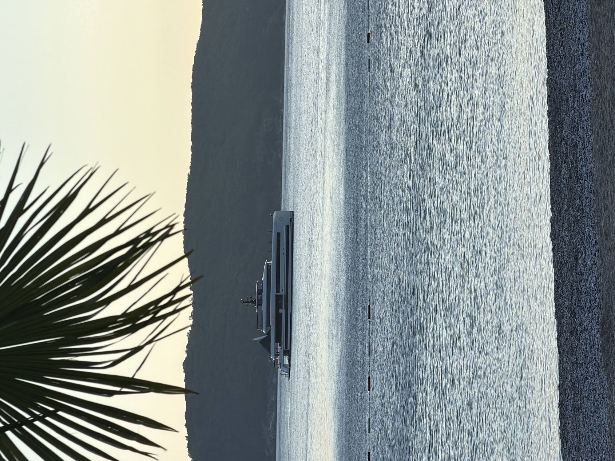 The image shows a body of water, likely the ocean or a large lake, with a boat or ship docked in the water. A mountain range forms the backdrop on the left side of the frame. A palm tree branch is visible in the lower-left corner. The location is unknown. The lighting suggests either sunrise or sunset.