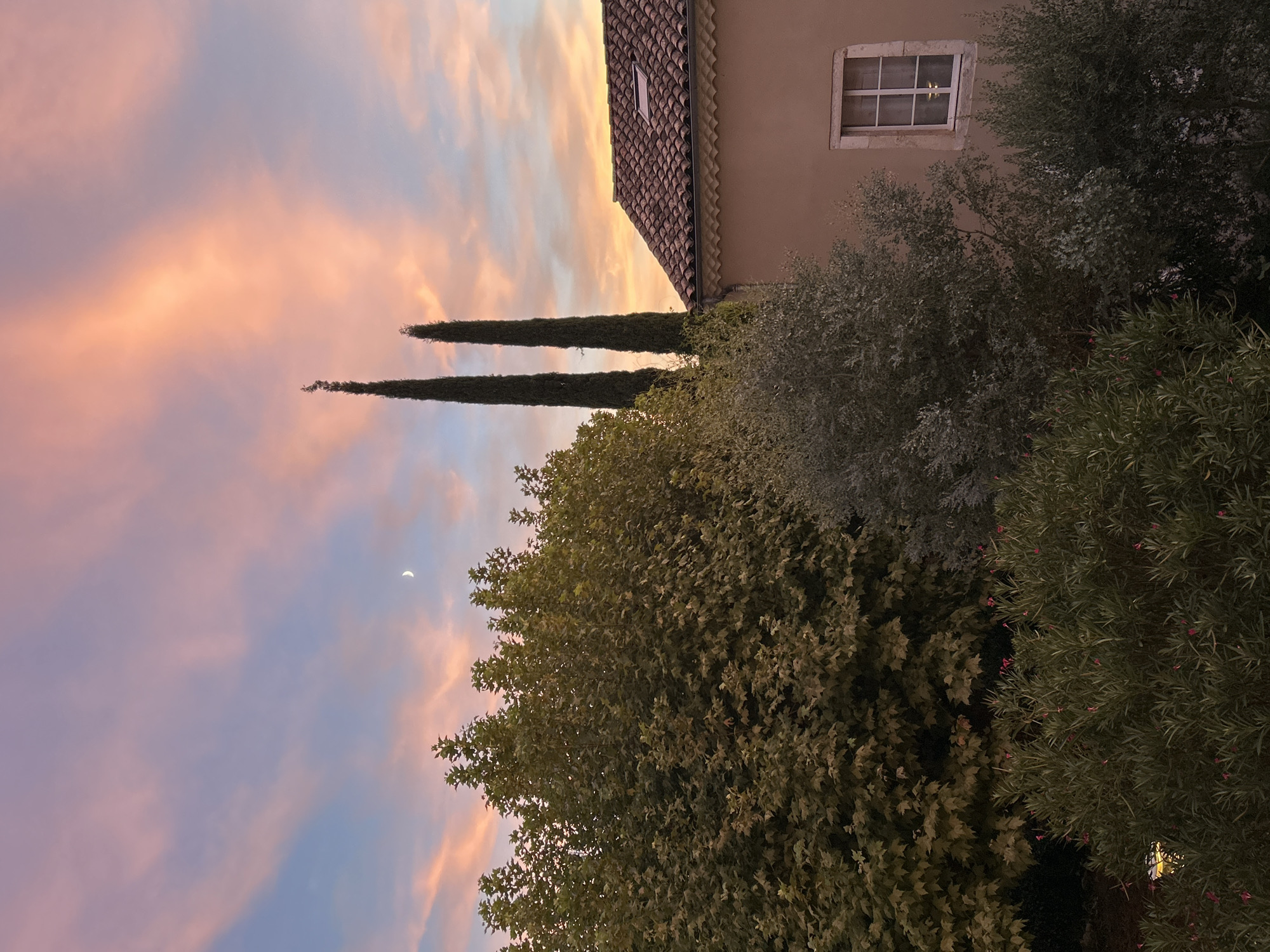 The image captures a serene evening scene in Saint-Marcel-lès-Sauzet, France, with a picturesque sky painted in hues of pink and blue, streaks of clouds suggesting the last light of sunset. A slender crescent moon is visible in the upper left quadrant of the sky. In the middle ground, two tall, dark cypress trees stand sentinel, their narrow forms contrasting with the broader foliage of a large, leafy tree on the left. To the right, a portion of a building is visible, characterized by a terracotta tiled roof and a peachy-colored facade. A single window with white panes is set into the wall, its interior faintly illuminated. In the foreground, dense, dark green bushes and trees create a rich texture, with hints of small pink flowers scattered among them. The overall ambiance is tranquil and evokes a sense of peaceful twilight.