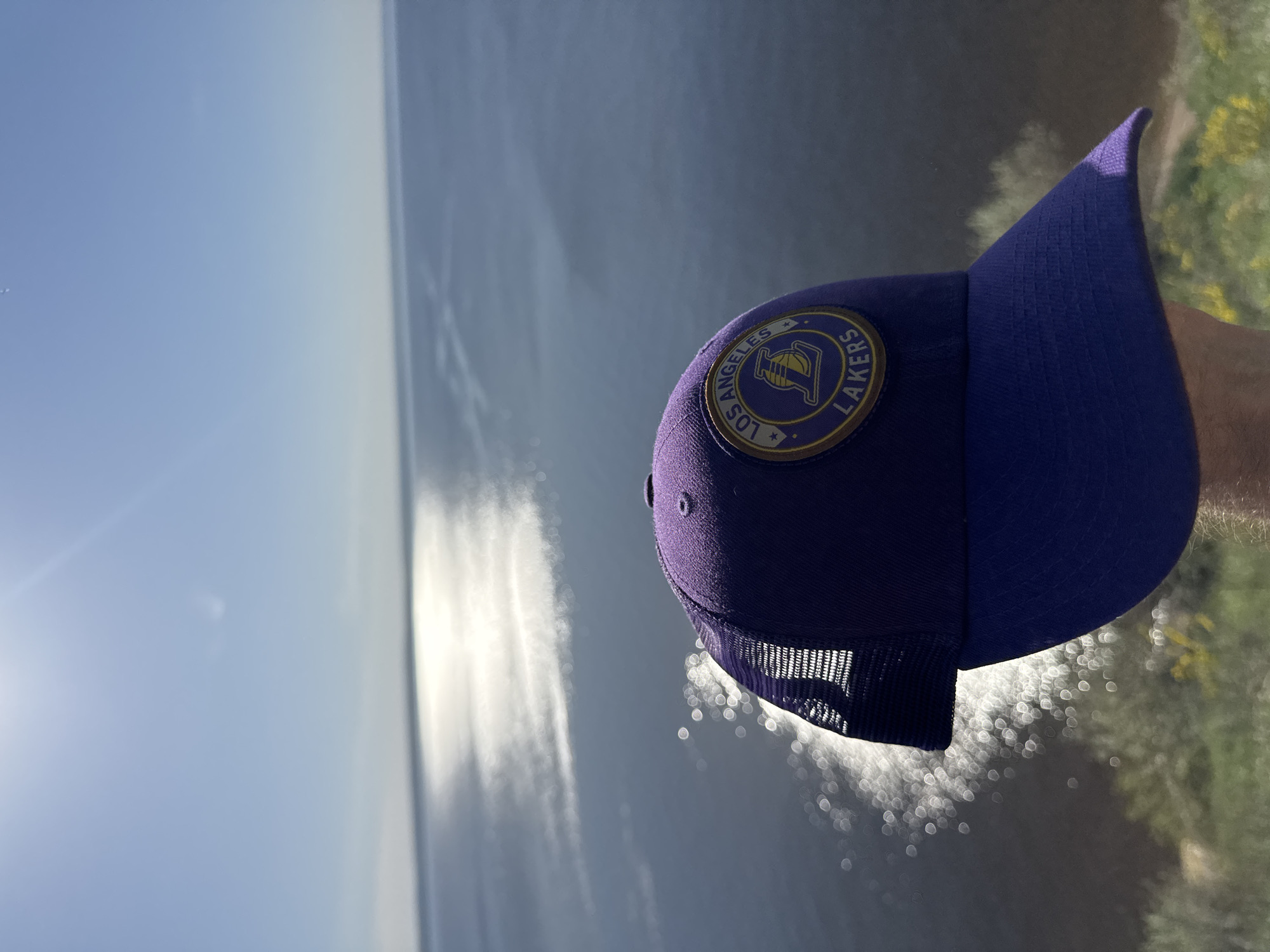 A purple Los Angeles Lakers baseball cap is held in front of an expanse of water and green vegetation, likely near a body of water in the city of Unknown, Unknown. The cap is prominently displayed with the Lakers logo facing the viewer. The background consists of a body of water reflecting sunlight and some green vegetation to the right.