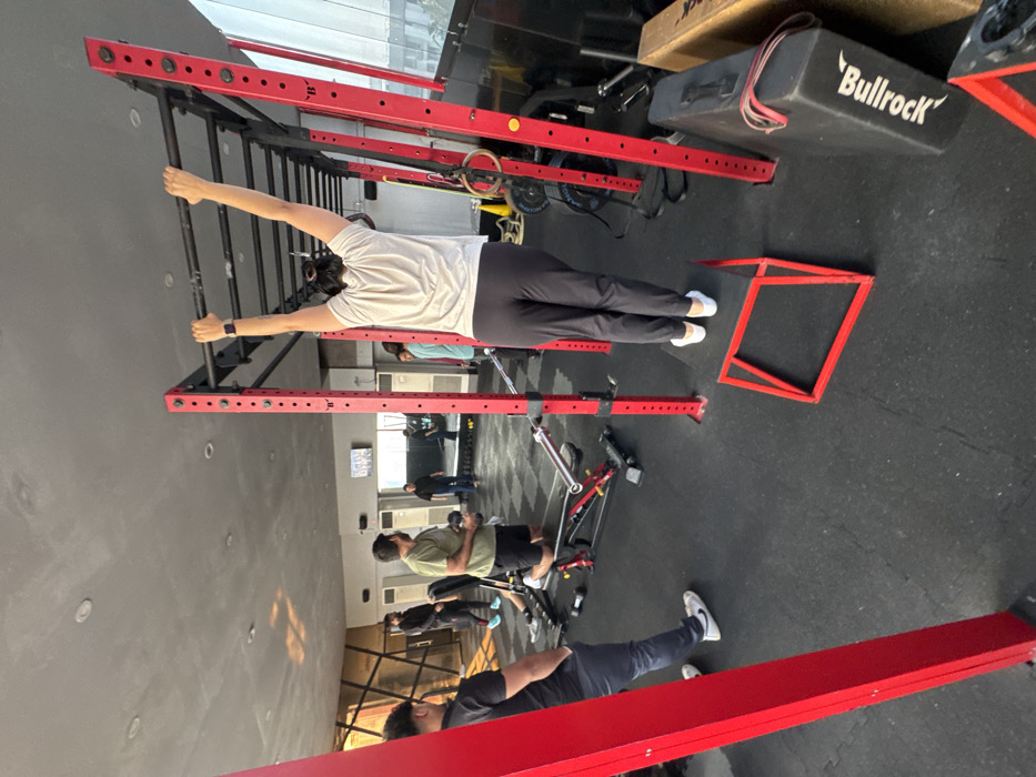 Gym interior features several people exercising. A woman wearing a white shirt and black pants is doing a pull-up on a red monkey bar. Other individuals are engaged in different activities in the background, near various exercise machines and equipment. A red hurdle sits nearby, and a black box with “Bullrock” printed on it is visible in the background.