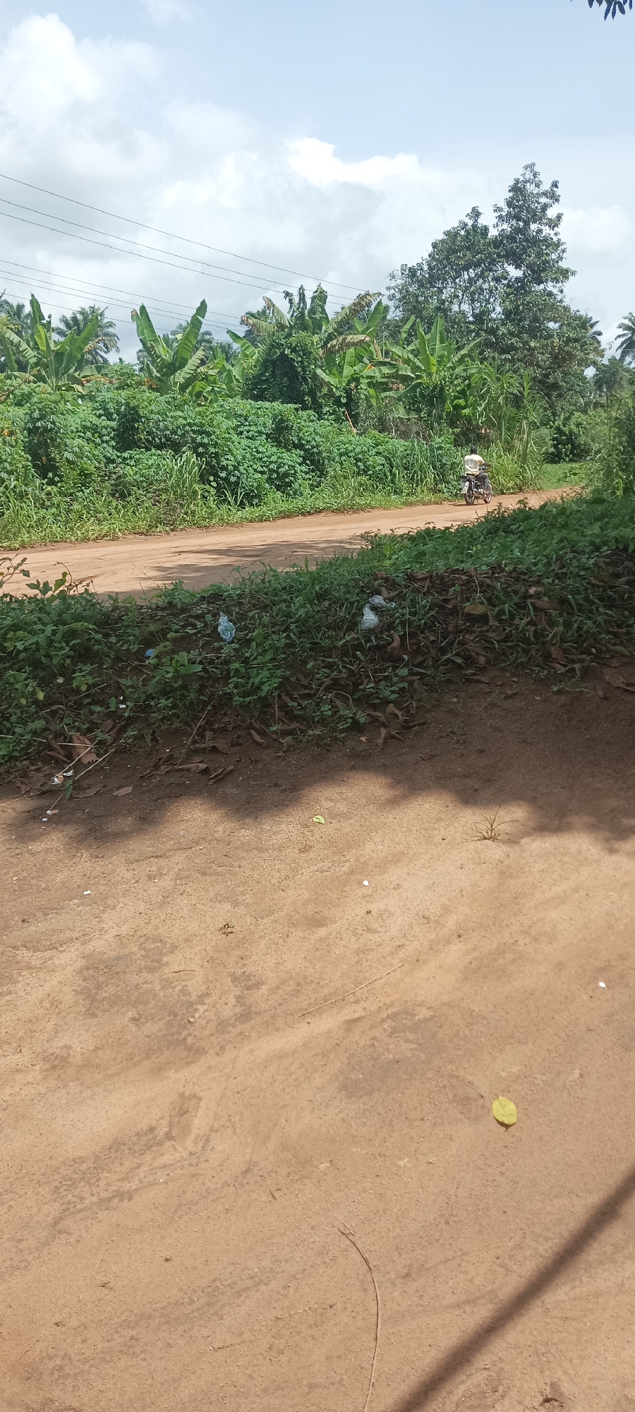 The image depicts a dirt road in Amauzu, Nigeria, surrounded by lush vegetation, including banana trees and other greenery. A person is riding a motorcycle in the distance on the road. Trash is visible along the roadside. The foreground is dominated by a dirt surface with shadows. Overhead, power lines are strung across the sky. The sky is partly cloudy.