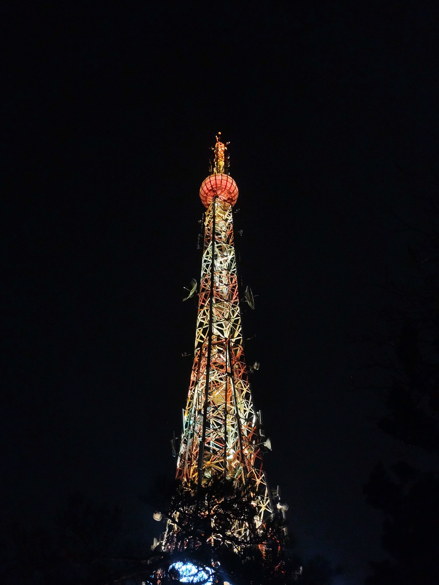 The image displays a tall, illuminated telecommunications tower set against a completely dark night sky. The tower itself is a complex lattice structure, glowing with an array of artificial lights in warm hues of yellow and orange, with hints of green and white interspersed. Numerous antennas and satellite dishes are clearly visible, affixed to different sections of the tower's metallic frame.
At the very pinnacle of the tower, there is a prominent, large, spherical red structure, resembling a giant lantern or a radome, which is also brightly lit. Above this red sphere, smaller, intricately lit elements extend further upwards. The lower portion of the tower is partially obscured by dark, silhouetted tree foliage, from which a faint blue light emanates, possibly from ground-level illumination.
The black sky confirms it is nighttime, and the absence of clouds suggests clear weather. The vibrant and colorful lighting transforms the functional tower into a striking visual landmark. There are no people visible, and no discernible text appears anywhere in the image. The scene, located in Da Lat, Vietnam, presents a blend of technology and urban night aesthetics.