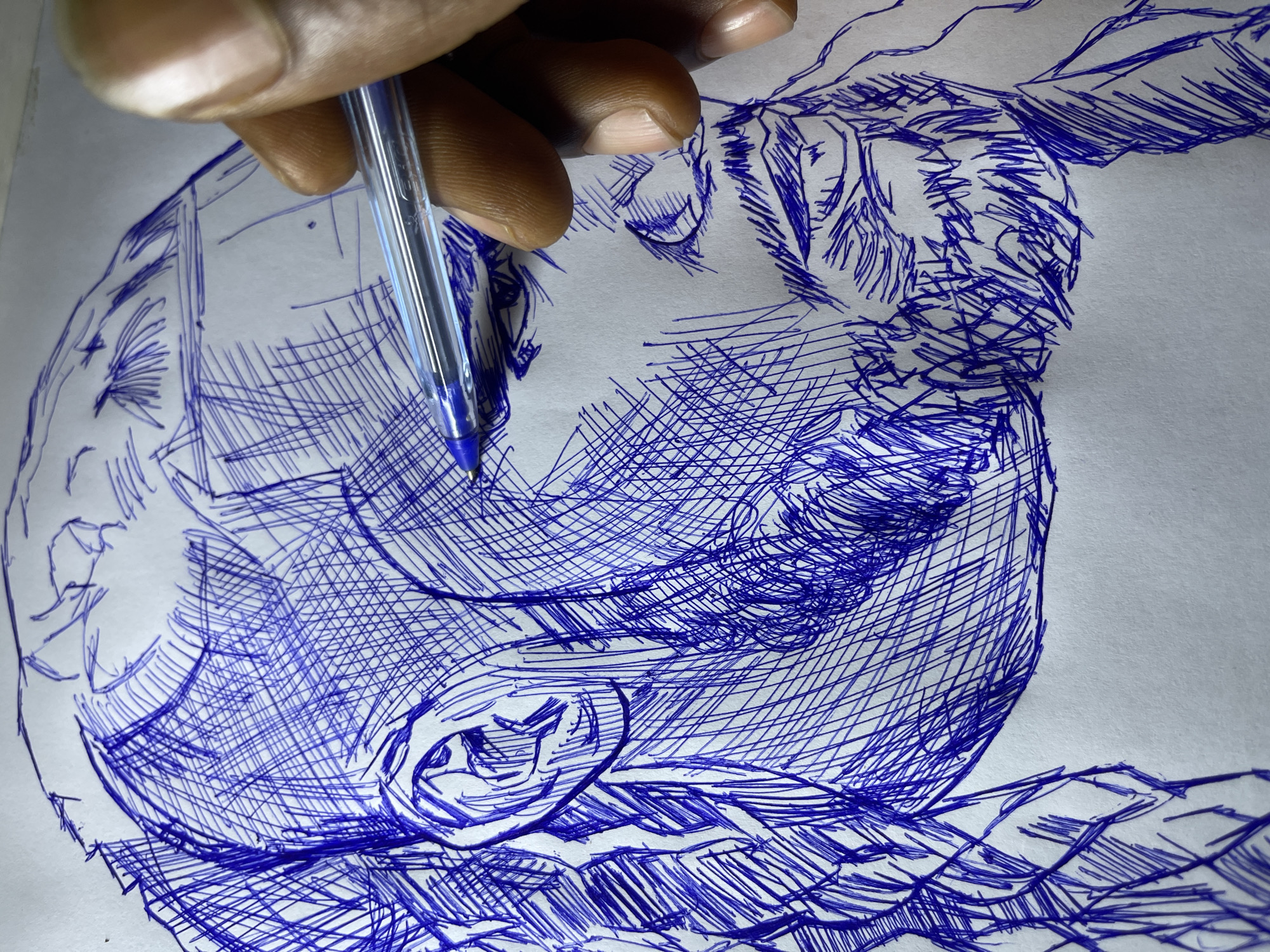 The image is a close-up, overhead shot of a person's hand holding a blue ballpoint pen, in the process of drawing a portrait on a white sheet of paper. The drawing is in blue ink and depicts a person's face with heavy cross-hatching for shading and detail. Features visible include an ear, an eye, a nose, and a beard. The drawing style is rough and expressive, with many overlapping lines. The background is plain white paper, with the focus solely on the drawing and the hand holding the pen. There is no discernible location in the city of Jos, Nigeria, as the image is focused on the drawing process and lacks any contextual environmental details.