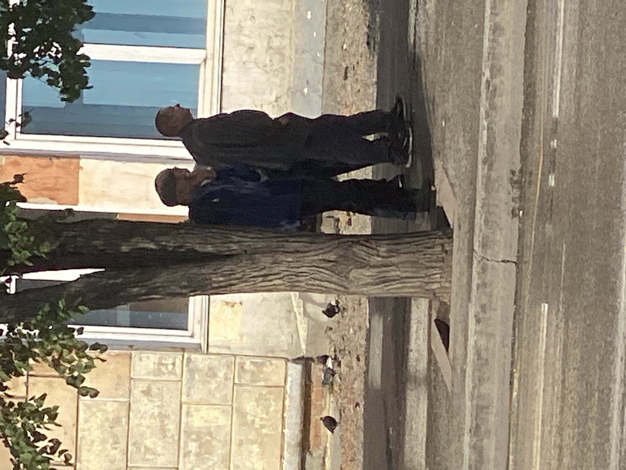 An outdoor, eye-level medium shot shows two men standing on a sidewalk next to a tree. The man on the left is wearing a dark blue jacket and dark pants. The man on the right is wearing a dark jacket and dark pants. Both men are facing away from the camera, with their heads turned to the left. In the background, there is a building with light brown brickwork and a window with blue glass. Several pigeons are scattered on the ground in front of the building. The sidewalk is gray concrete, and there is a tree trunk in the foreground. The overall lighting suggests it is daytime. The scene appears to be located in Novokuznetsk, Russia.