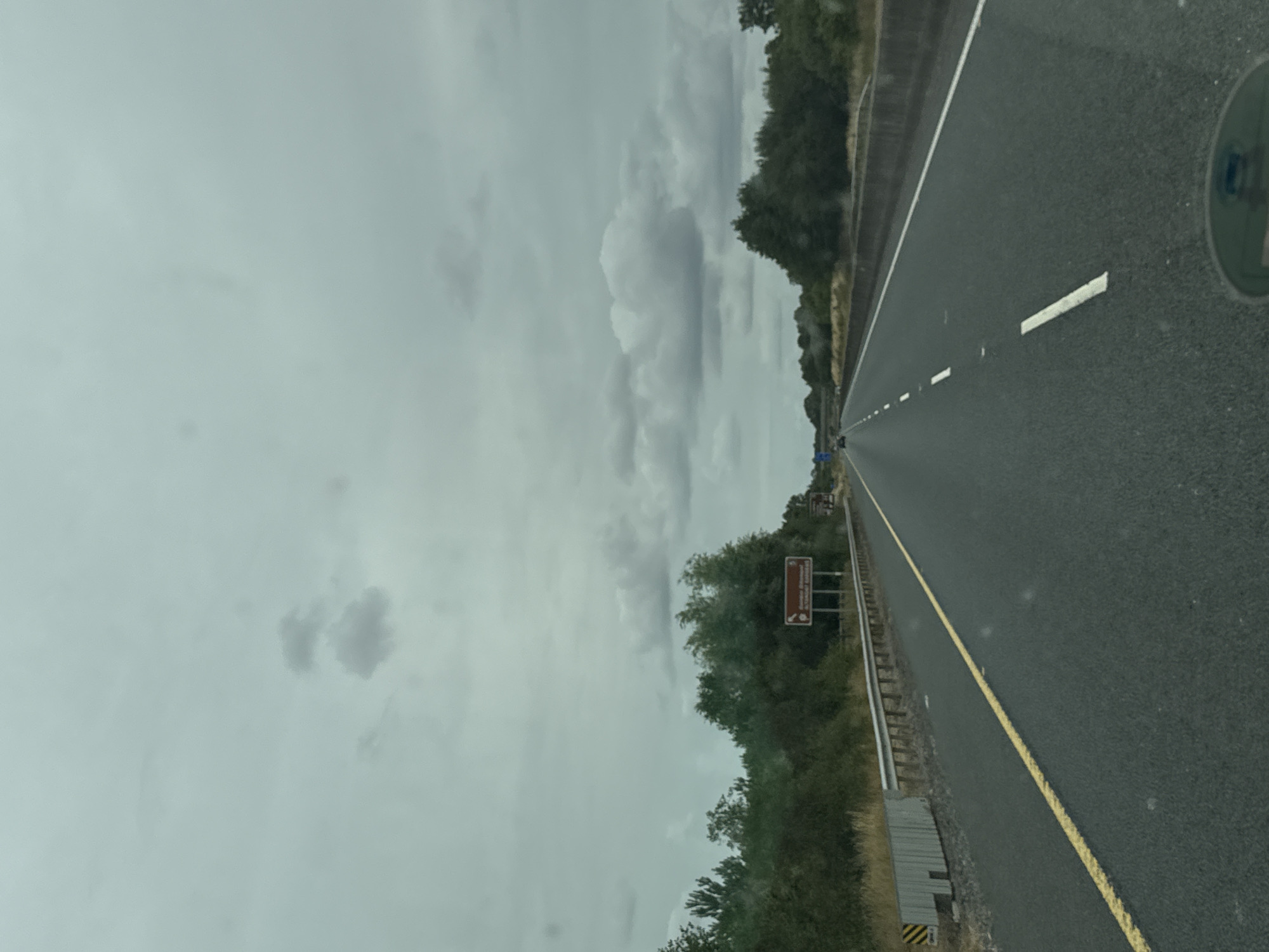The image shows a view from a vehicle traveling on a multi-lane highway, likely the M9 motorway, in Ireland. The highway stretches into the distance, with clear lane markings and a concrete barrier on the right. The sky is overcast with gray clouds. On the left side of the road, there is a metal guardrail and overgrown vegetation, with a speed limit sign for 120 km/h and a brown sign indicating a turn-off for Ballybar and Athy. The environment appears rural, with trees and fields visible on either side of the highway.