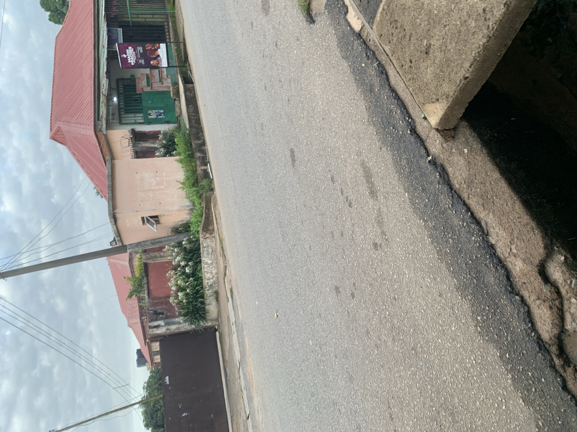 The image depicts a street scene in Jos, Nigeria, with a focus on the right side of the road. A building with a red corrugated metal roof and cream-colored walls is visible. In front of the building, a green metal gate and a smaller green door are present. A sign with images and text, including "MAGGI PEACHES," is placed on the sidewalk. Several power lines run diagonally across the frame overhead, supported by a utility pole on the left side. The road in the foreground is asphalt, showing some signs of wear and tear, with a concrete gutter running along the right edge. Lush green vegetation is visible behind a low wall in front of the building. The sky is overcast with clouds.