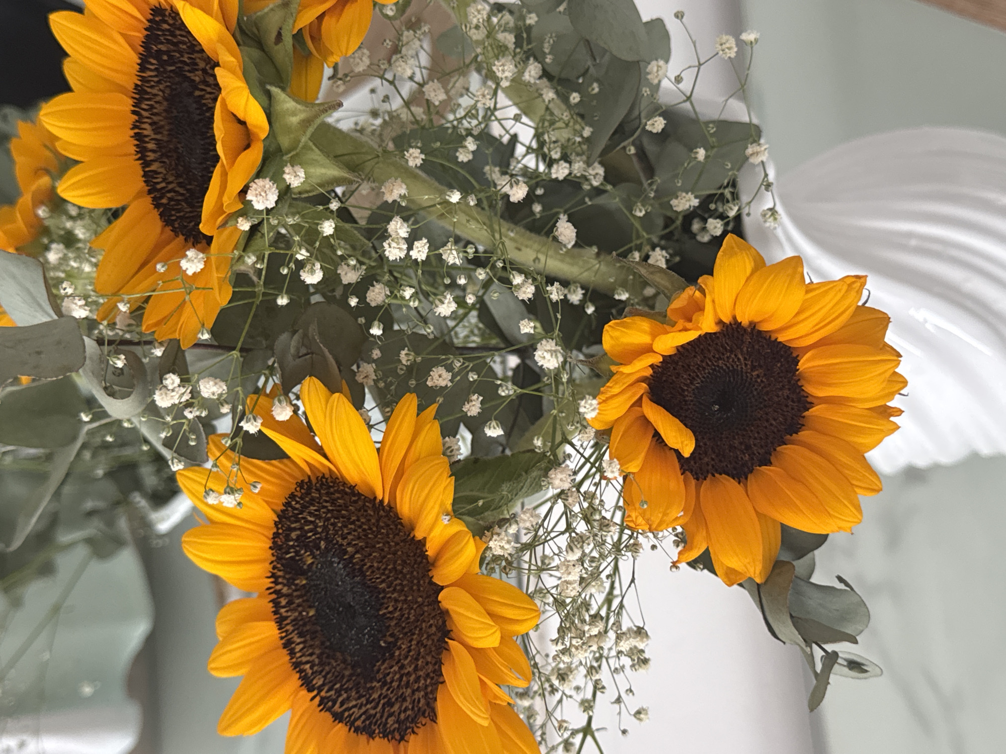 A bouquet of sunflowers sits in a white vase, with baby's breath and eucalyptus leaves interspersed. The sunflowers are a vibrant yellow with dark brown centers. The background is a light, neutral color, suggesting an indoor setting. The location of the image in Bac Nha Trang Ward, Vietnam, is not evident from the visual information provided.