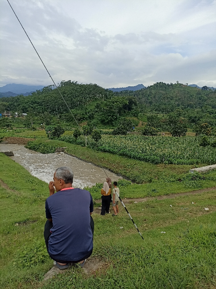 The image presents a tranquil, rural landscape in Kepung, Indonesia, under an overcast sky. In the foreground, a man with short grey hair is seen from behind, squatting on a patch of grass. He wears a dark blue t-shirt with a subtle red trim and dark pants, with his right hand resting near his mouth, suggesting contemplation or rest.
A muddy-brown stream flows diagonally through the middle ground, bordered by lush green banks. Further across the stream, two other figures are visible: a person wearing a light-colored hijab and dark clothing, standing alongside a younger individual in a light t-shirt and shorts. They appear to be observing the surroundings.
The landscape is rich with vibrant greenery. Beyond the stream, cultivated fields, possibly containing corn or similar crops, stretch across the right side of the frame. The background is dominated by rolling hills and distant mountains, densely covered in verdant forest and scattered trees. A few small buildings or houses are nestled amongst the trees on the far left horizon. A thin, dark cable extends diagonally across the image from the top left, and a black and white striped pole is leaning in the lower right corner. The time of day is daytime, under a cloudy sky, contributing to a soft, diffused light over the natural, agricultural setting. There is no visible text in the image.