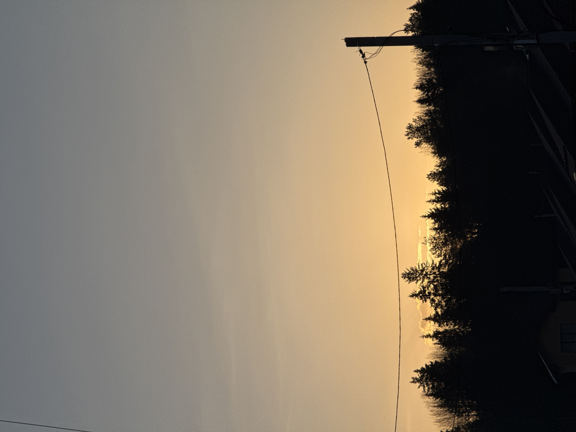 The image captures a landscape at sunset in Chaikovsky, Russia. The sky transitions from a light gray to a warm orange hue, indicating the setting sun. In the foreground, there is a utility pole with electrical wires stretching across the frame. A line of dark silhouetted trees forms the horizon, with some light filtering through the branches, suggesting the sun is directly behind them. Part of a building is visible in the lower right corner, partially obscured in shadow. The environment suggests a rural or suburban area, with minimal human activity visible.