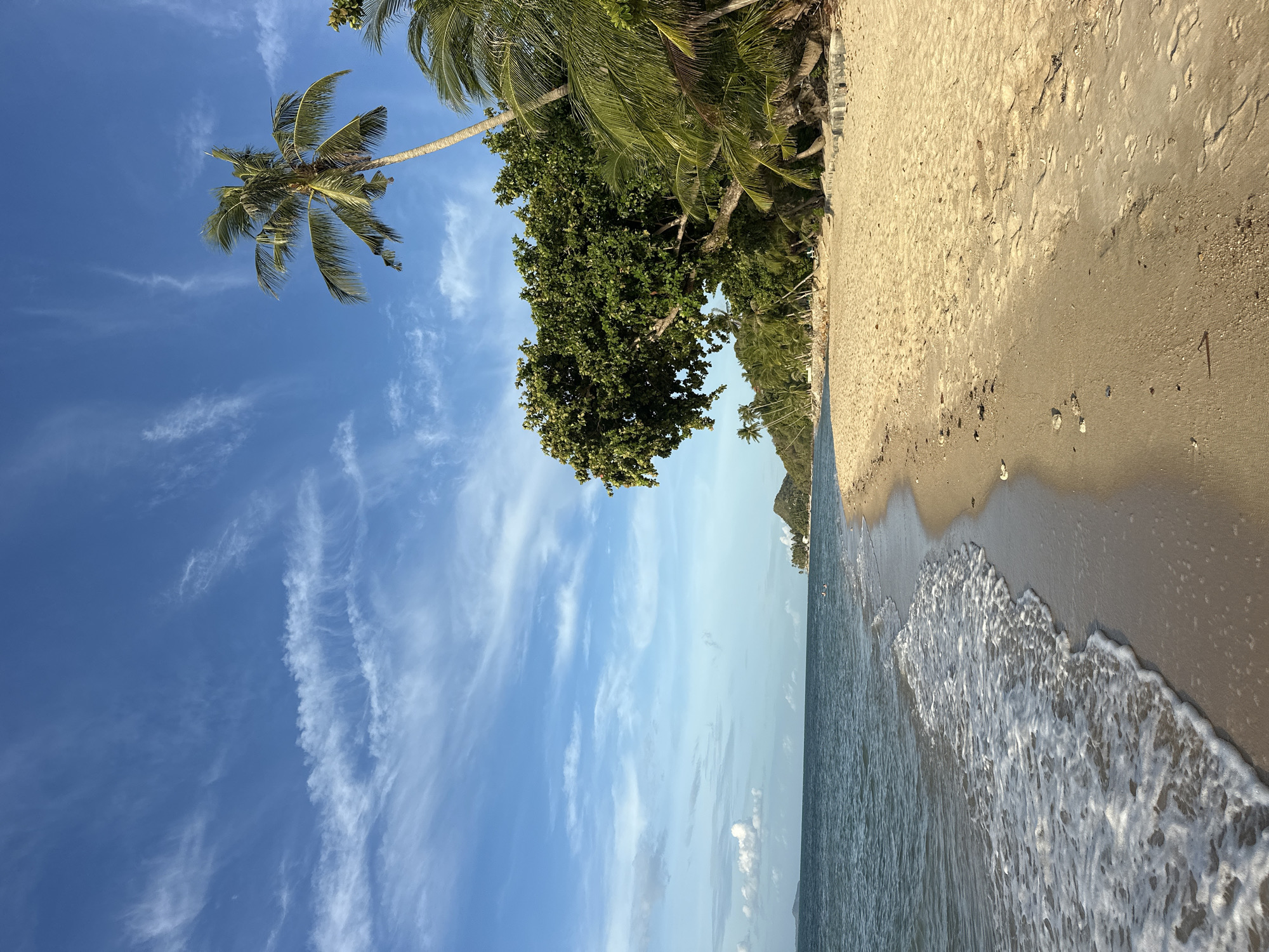 A wide shot captures a serene beach in Ko Samui District, Thailand. The foreground is dominated by the gentle waves of the ocean lapping onto a sandy shore, creating a foamy white edge. The sand, a warm, light brown, is marked with footprints and scattered debris. To the right, lush green palm trees and a large, leafy tree line the edge of the beach, with their branches casting shadows on the sand. In the distance, a line of palm trees stretches along the coastline, leading to a lush green hill. The sky above is a vibrant blue, streaked with wispy white clouds, suggesting a clear and pleasant day. The water is a deep blue-green, with a slight ripple. A few small boats are visible in the far distance. The scene evokes a sense of tranquility and natural beauty.